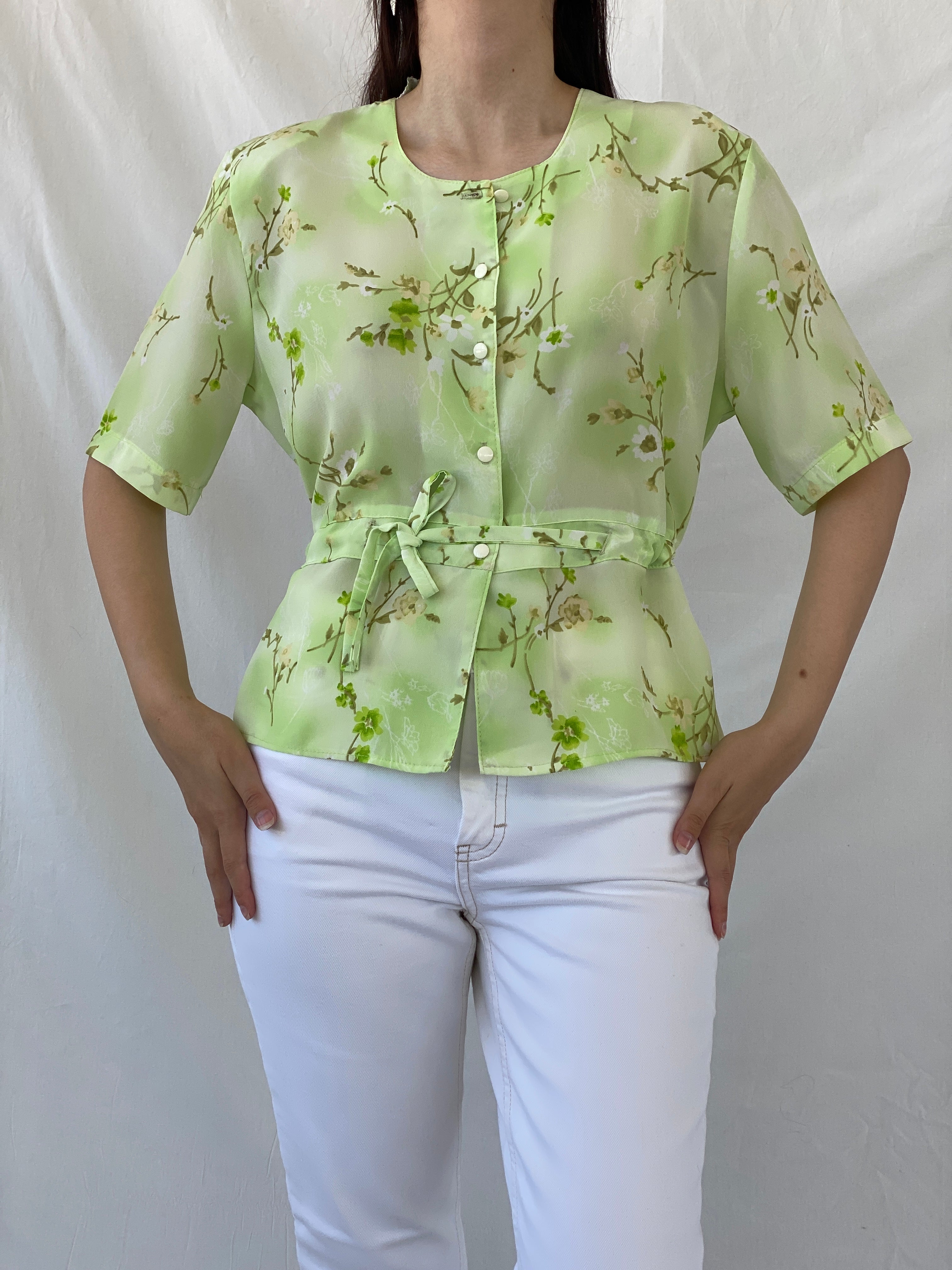 Vintage Lime Green Floral Waist Tie Button Up Short Sleeve Shirt - L - Balagan Vintage Half Sleeve Shirt 00s, Ayah, Coquette, Cottage core, floral, floral shirt, half sleeve shirt, NEW IN, shirt, women shirt