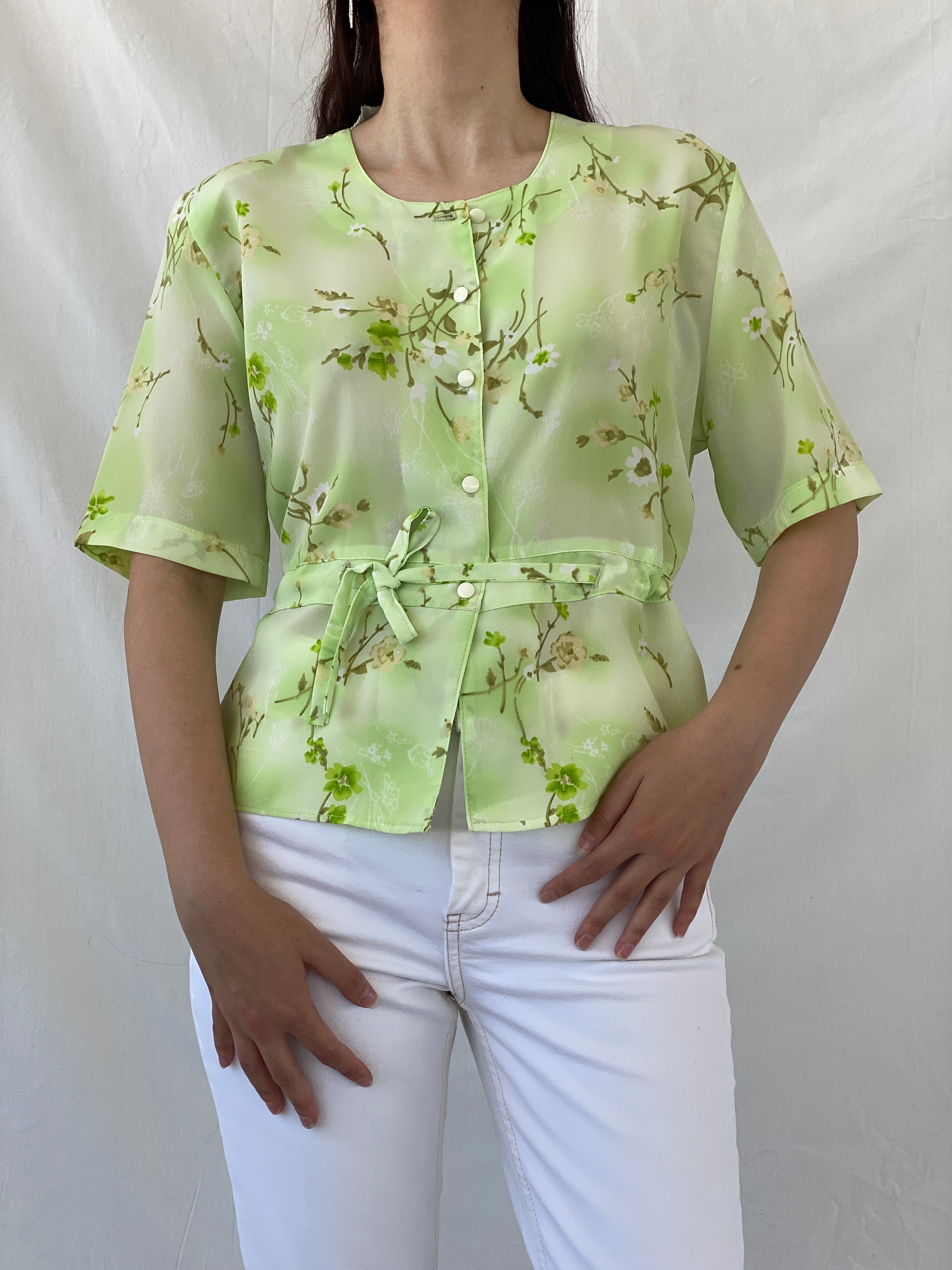 Vintage Lime Green Floral Waist Tie Button Up Short Sleeve Shirt - L - Balagan Vintage Half Sleeve Shirt 00s, Ayah, Coquette, Cottage core, floral, floral shirt, half sleeve shirt, NEW IN, shirt, women shirt