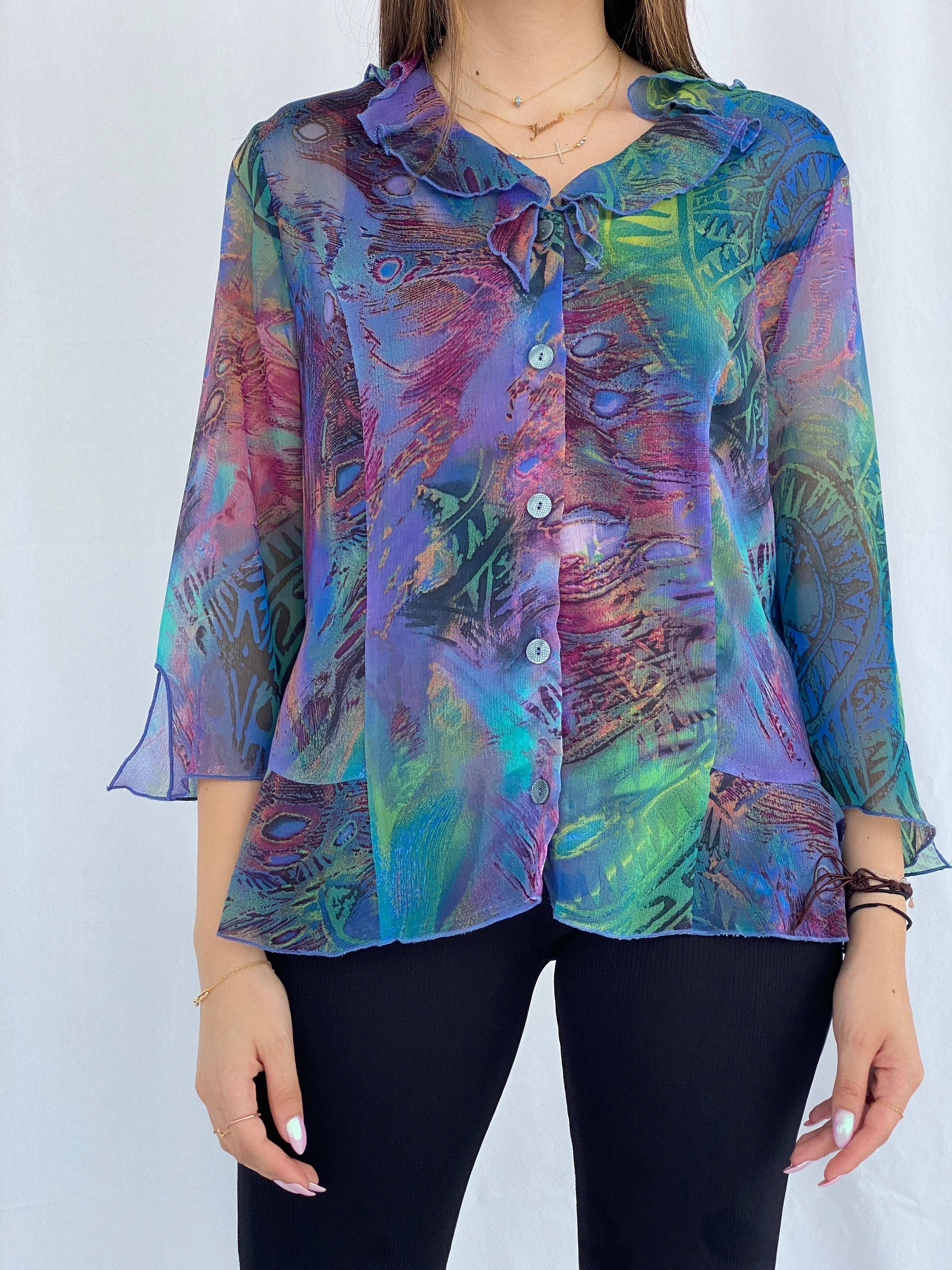 Vintage Lisa Chesnay Printed Sheer Shirt - Size XL - Balagan Vintage Full Sleeve Shirt 90s, full sleeve shirt, Juana, sheer shirt, women skirt