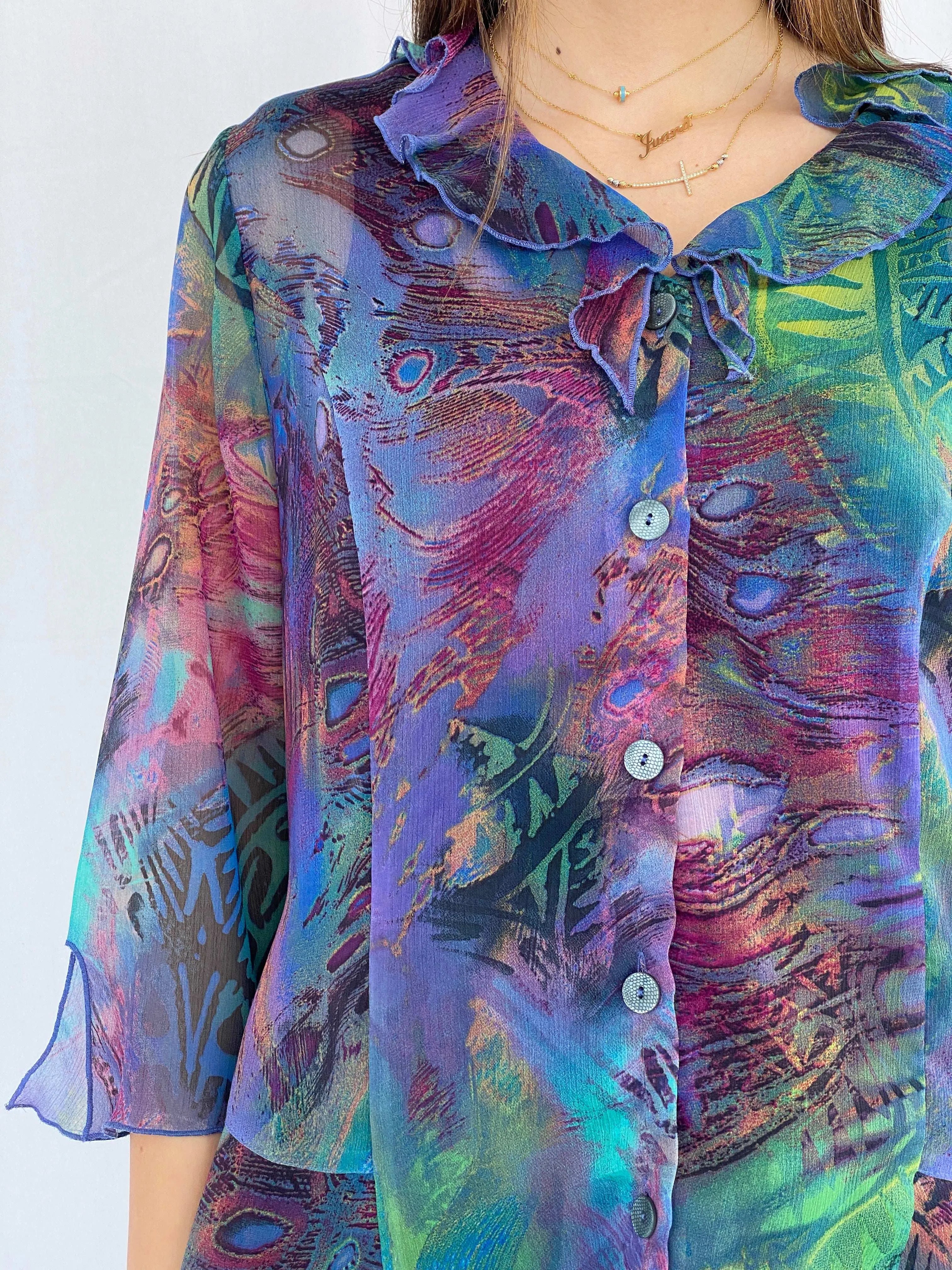 Vintage Lisa Chesnay Printed Sheer Shirt - Size XL - Balagan Vintage Full Sleeve Shirt 90s, full sleeve shirt, Juana, sheer shirt, women skirt
