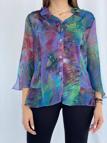 Vintage Lisa Chesnay Printed Sheer Shirt - Size XL - Balagan Vintage Full Sleeve Shirt 90s, full sleeve shirt, Juana, sheer shirt, women skirt