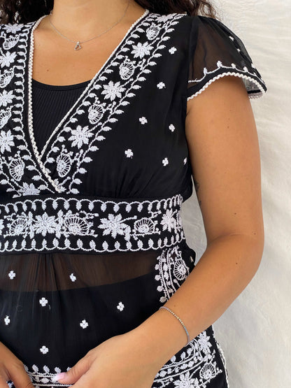 Vintage Love Notes Black Embroidered Sheer Blouse - L - Balagan Vintage Half Sleeve Top 00s, 90s, Dina, sheer