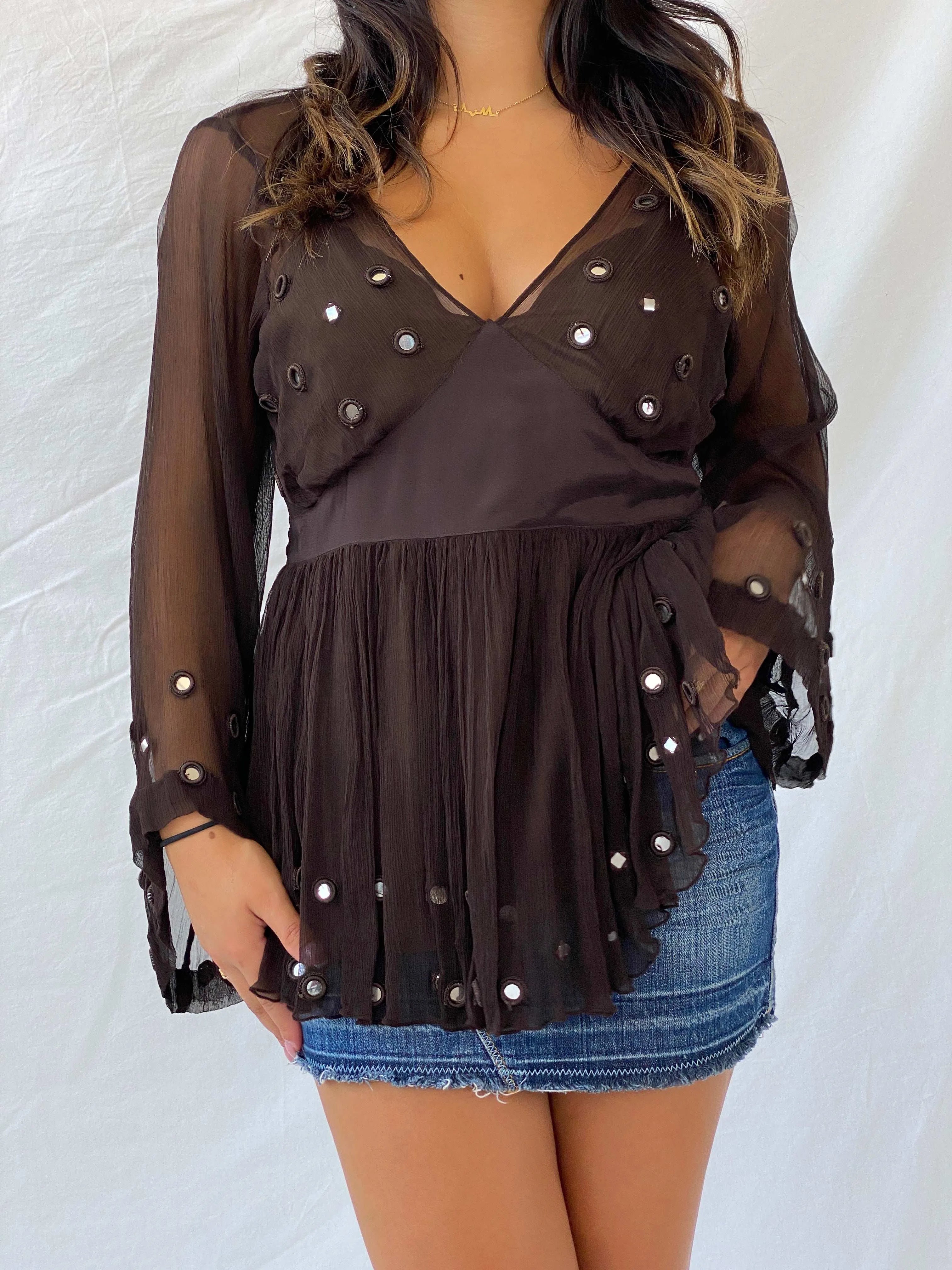 Vintage Madeline Brown Sheer Top - M - Balagan Vintage Full Sleeve Top 90s, full sleeve top, Lana, women top