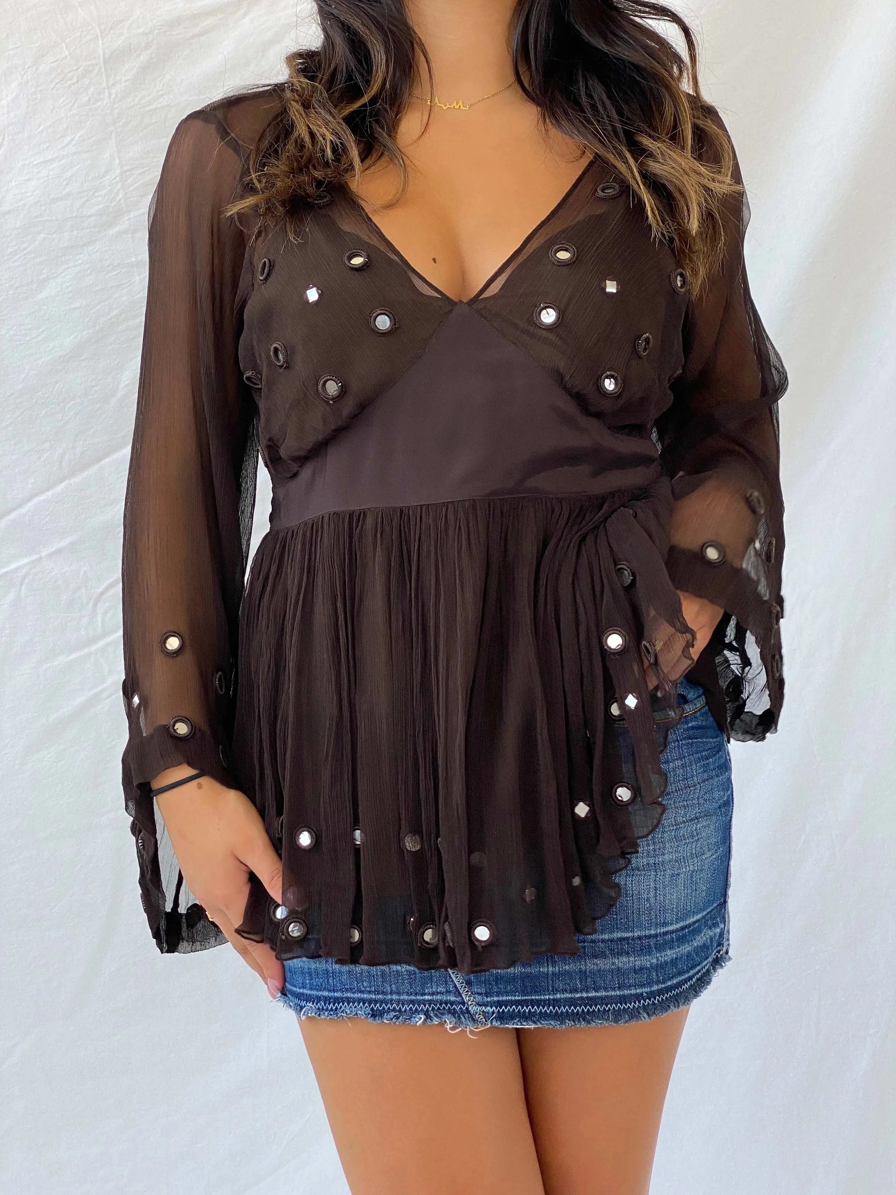 Vintage Madeline Brown Sheer Top - M - Balagan Vintage Full Sleeve Top 90s, full sleeve top, Lana, women top