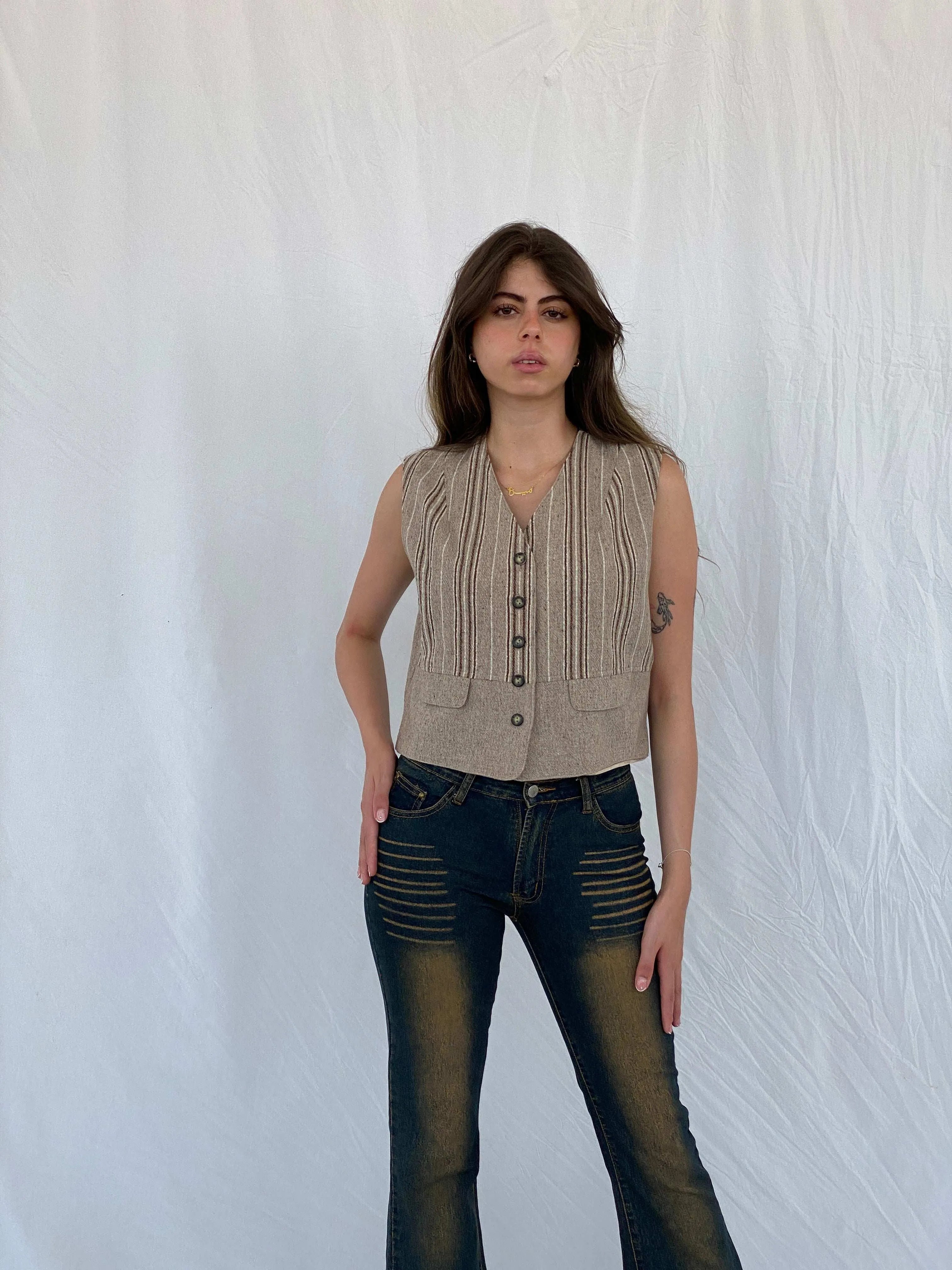 Vintage Magic Simplicity Beige and Brown Striped Waistcoat Vest - M/L - Balagan Vintage Vest 00s, 90s, cropped vest, Mira, shimmer, vest, wool vest