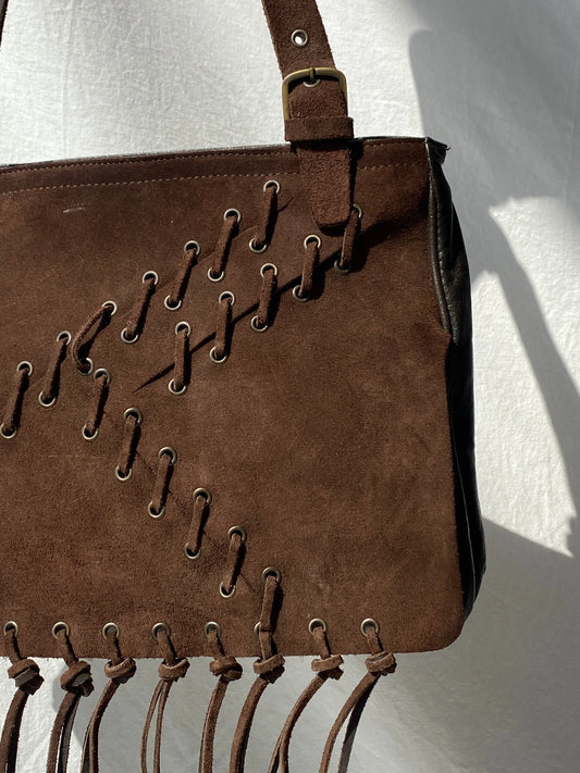 Vintage Malandrino Fringe Dark Brown Genuine Suede Bag - Balagan Vintage Handbags 00s, 90s, bag, genuine leather, shoulder bag, Y2K