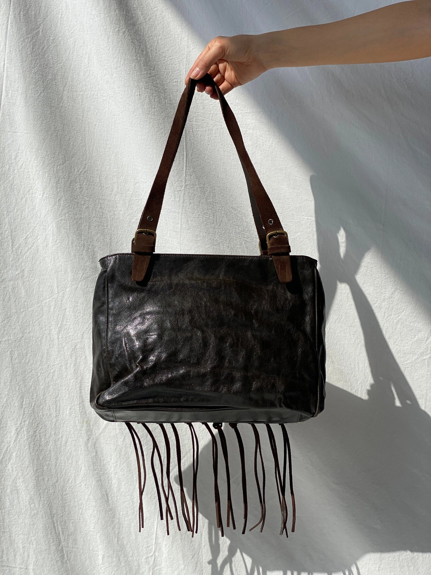 Vintage Malandrino Fringe Dark Brown Genuine Suede Bag - Balagan Vintage Handbags 00s, 90s, bag, genuine leather, shoulder bag, Y2K