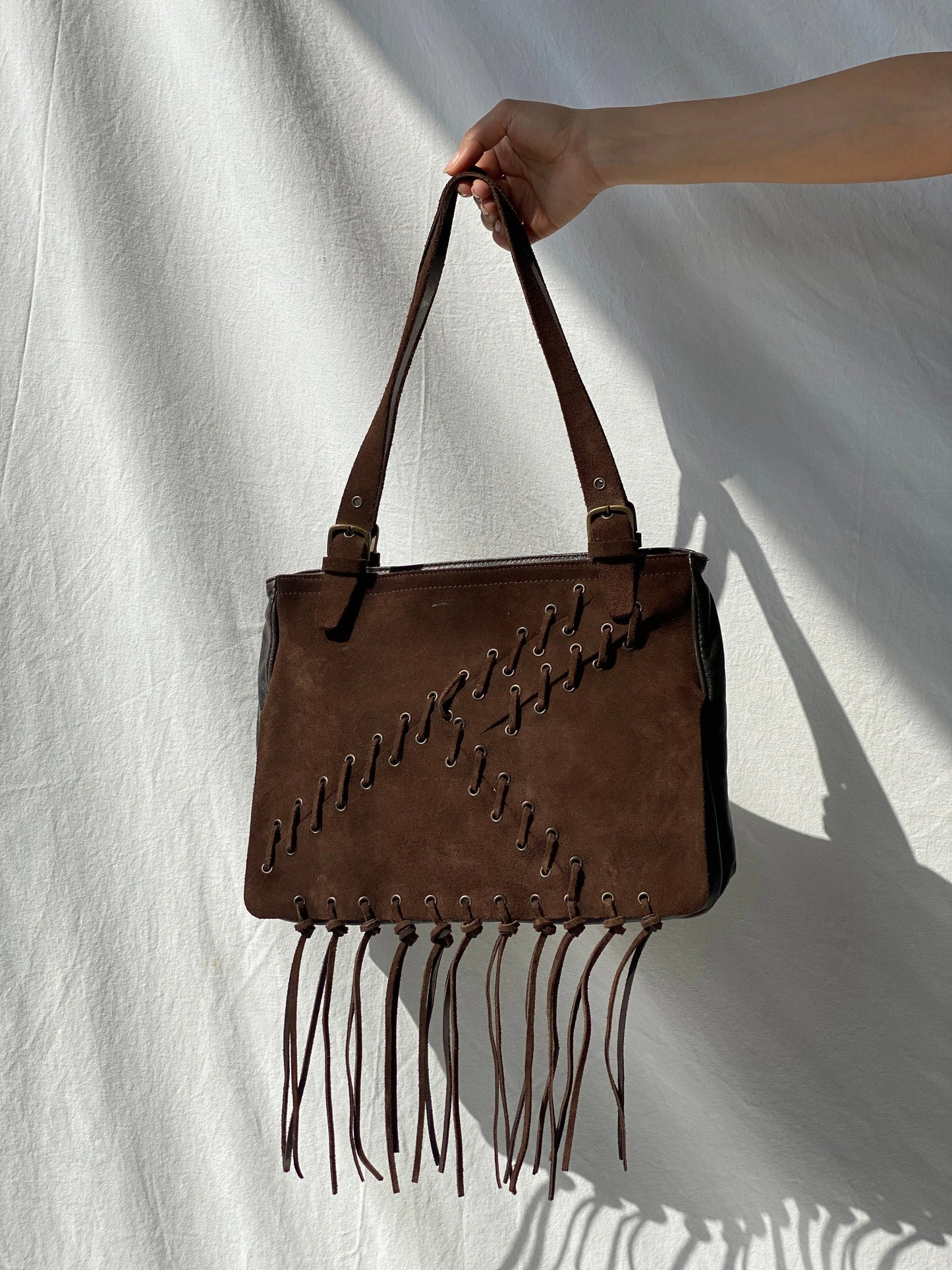 Vintage Malandrino Fringe Dark Brown Genuine Suede Bag - Balagan Vintage Handbags 00s, 90s, bag, genuine leather, shoulder bag, Y2K