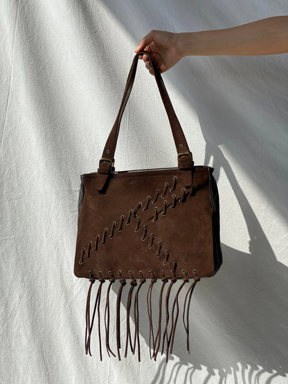 Vintage Malandrino Fringe Dark Brown Genuine Suede Bag - Balagan Vintage Handbags 00s, 90s, bag, genuine leather, shoulder bag, Y2K
