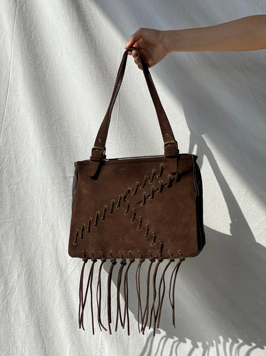 Vintage Malandrino Fringe Dark Brown Genuine Suede Bag - Balagan Vintage Handbags 00s, 90s, bag, genuine leather, shoulder bag, Y2K
