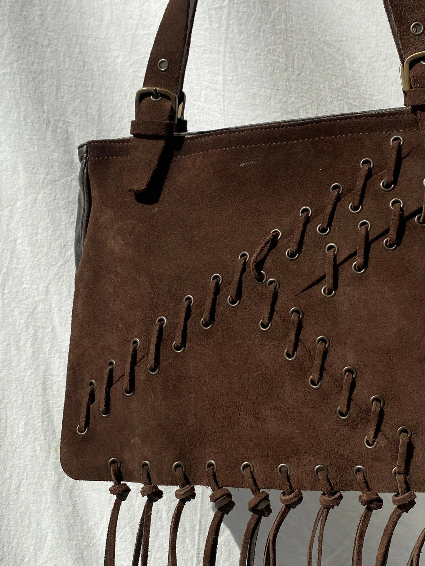 Vintage Malandrino Fringe Dark Brown Genuine Suede Bag - Balagan Vintage Handbags 00s, 90s, bag, genuine leather, shoulder bag, Y2K