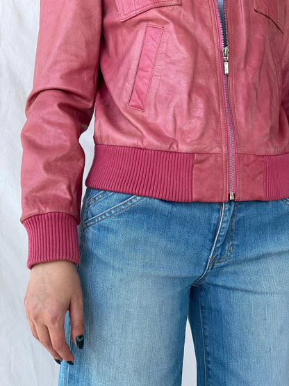 Vintage Mellachia Pink Women’s Genuine Leather Biker Style Bomber Jacket - M - Balagan Vintage Leather Jacket Ayah, Coats&Jackets, genuine leather, genuine leather jacket, leather jacket, Women's Leather Jackets