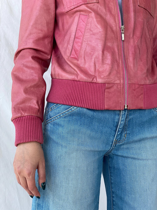 Vintage Mellachia Pink Women’s Genuine Leather Biker Style Bomber Jacket - M - Balagan Vintage Leather Jacket Ayah, Coats&Jackets, genuine leather, genuine leather jacket, leather jacket, Women's Leather Jackets
