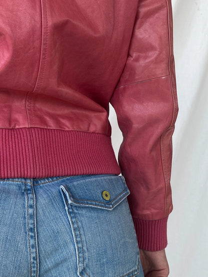 Vintage Mellachia Pink Women’s Genuine Leather Biker Style Bomber Jacket - M - Balagan Vintage Leather Jacket Ayah, Coats&Jackets, genuine leather, genuine leather jacket, leather jacket, Women's Leather Jackets
