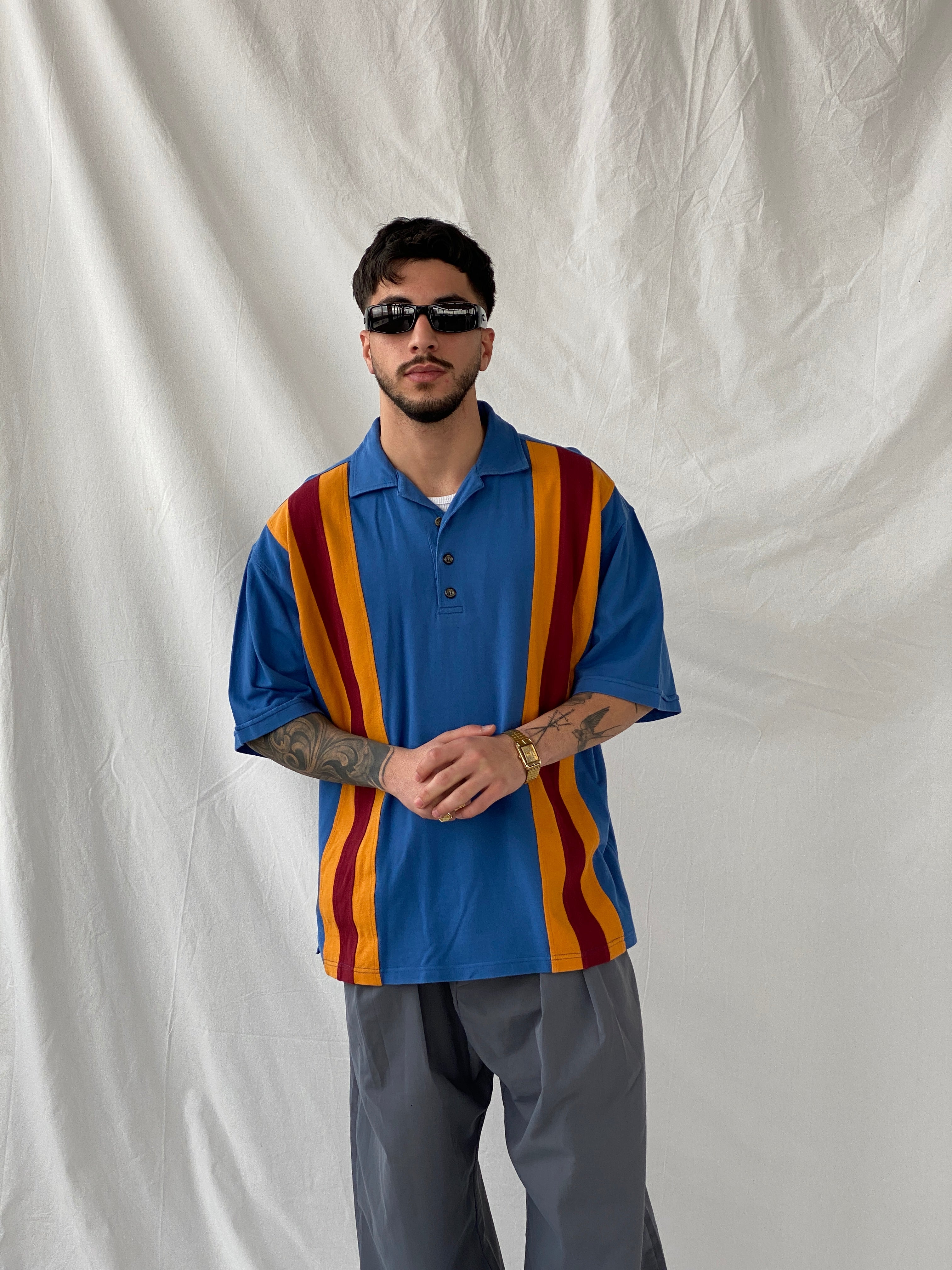 Vintage Men’s Blue Striped Polo Neck Golf Shirt - XL - Balagan Vintage Half Sleeve Top 90s, consignment, Hamza, Melika, men top, striped, striped shirt, winter