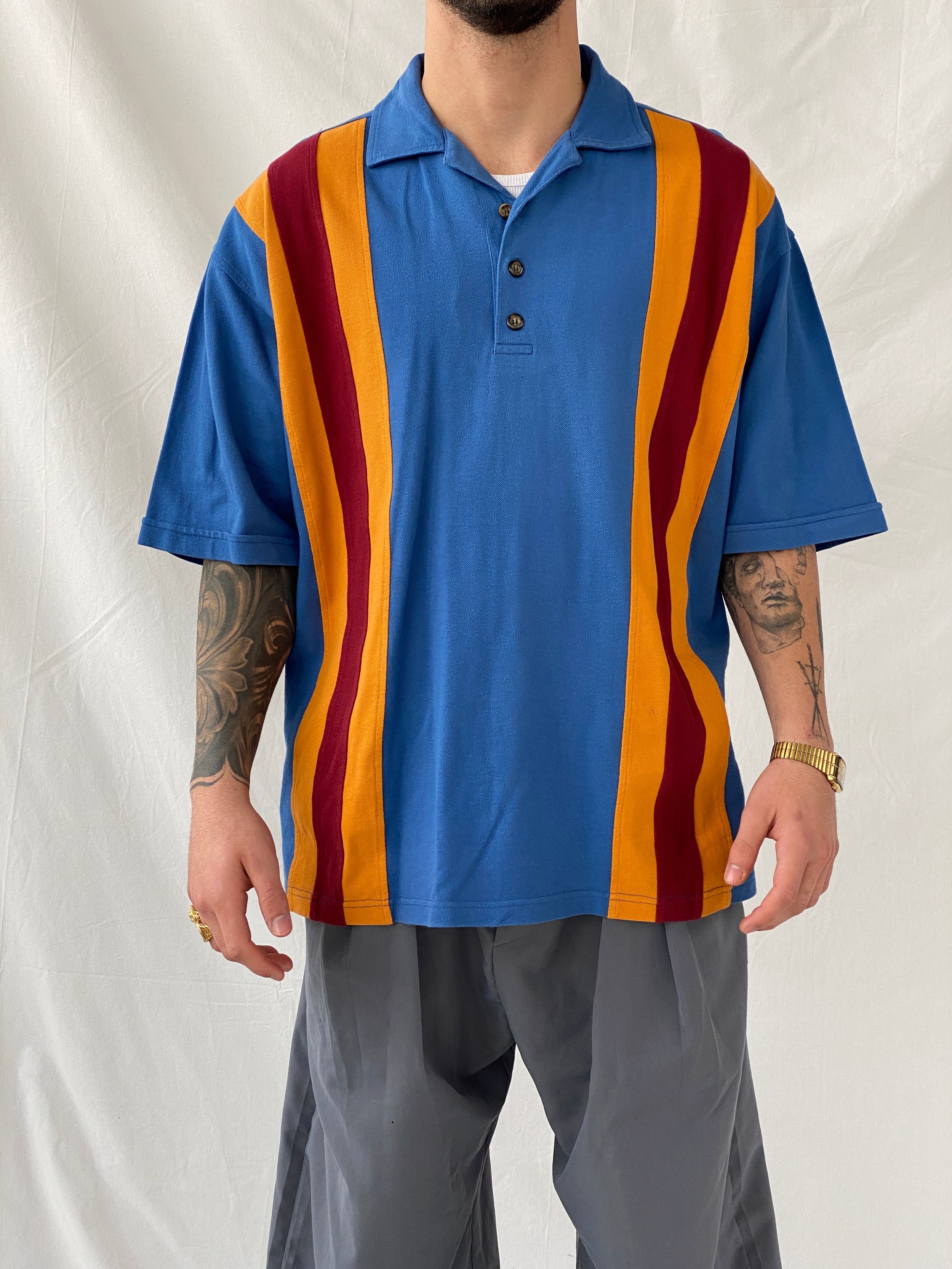 Vintage Men’s Blue Striped Polo Neck Golf Shirt - XL - Balagan Vintage Half Sleeve Top 90s, consignment, Hamza, Melika, men top, striped, striped shirt, winter