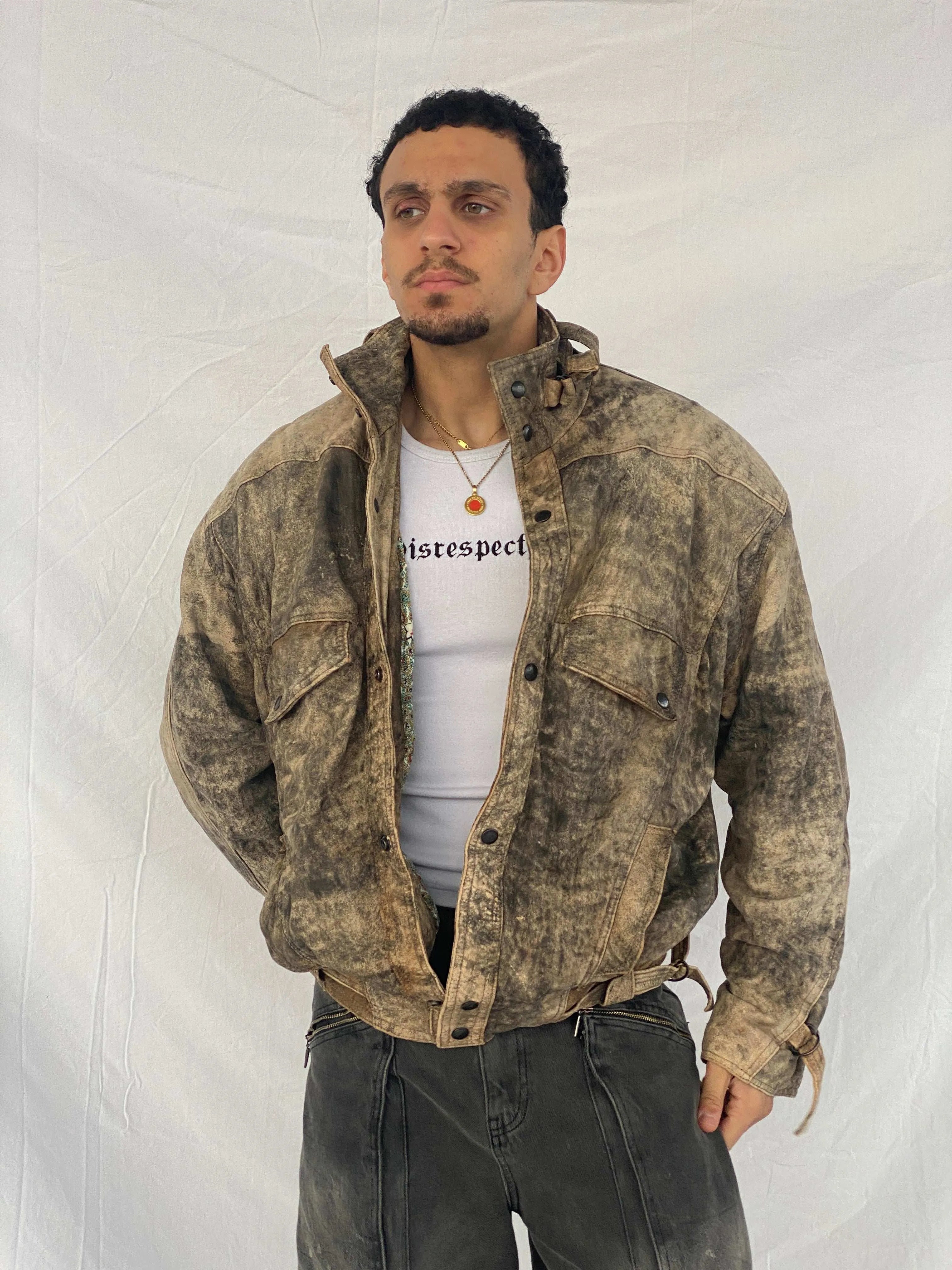 Vintage Men’s Distressed Genuine Leather Bomber Style Jacket - Size L - Balagan Vintage Leather Jacket 80s, 90s, Abdullah, genuine leather jacket, winter