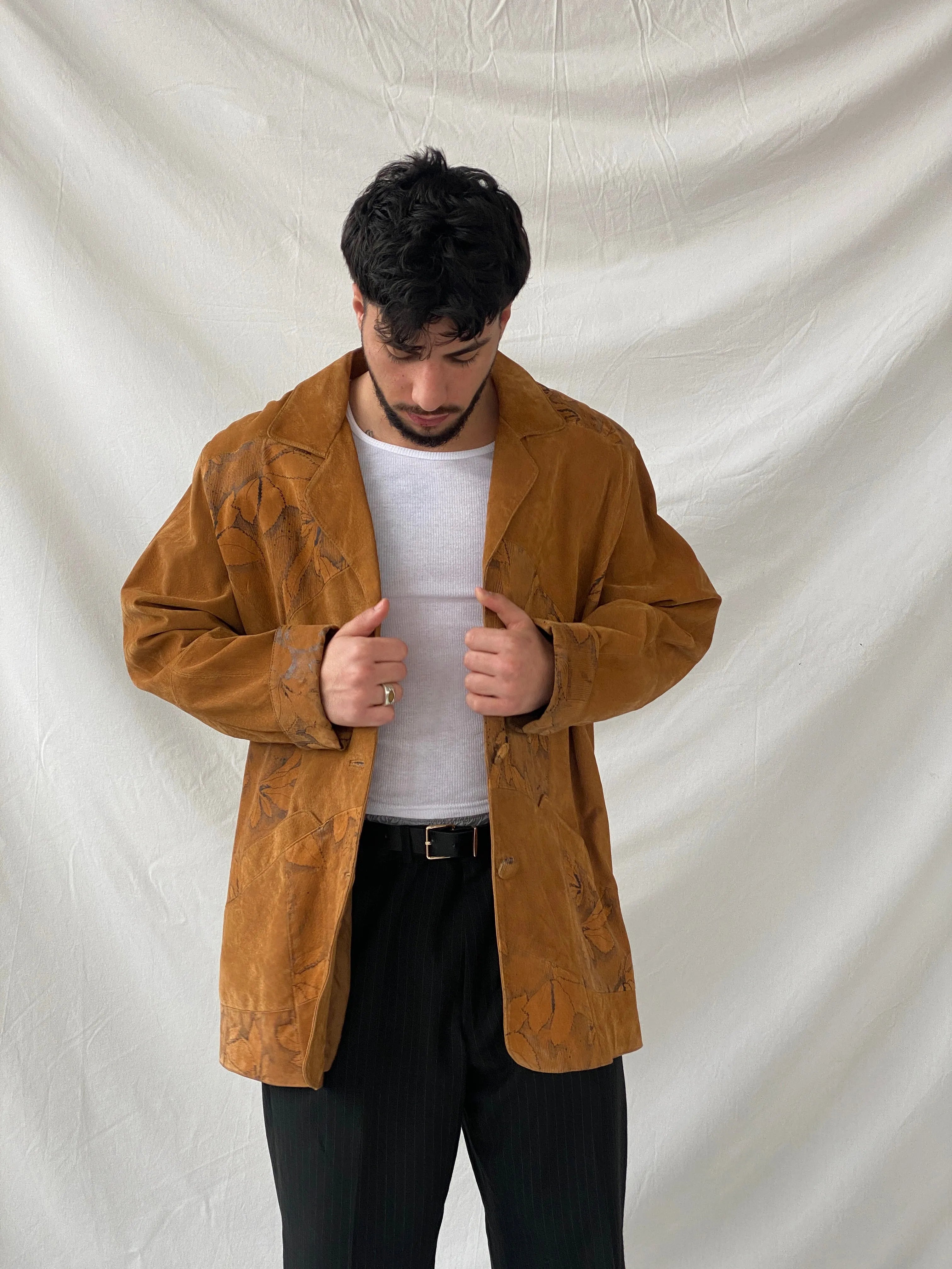 Vintage Men’s Genuine Brown Suede Leather Oversized Floral Blazer - XL - Balagan Vintage Leather Jacket 90s, blazer, brown leather, full sleeve blazer, genuine leather, genuine leather jacket, Hamza, leather blazer, men blazer, winter