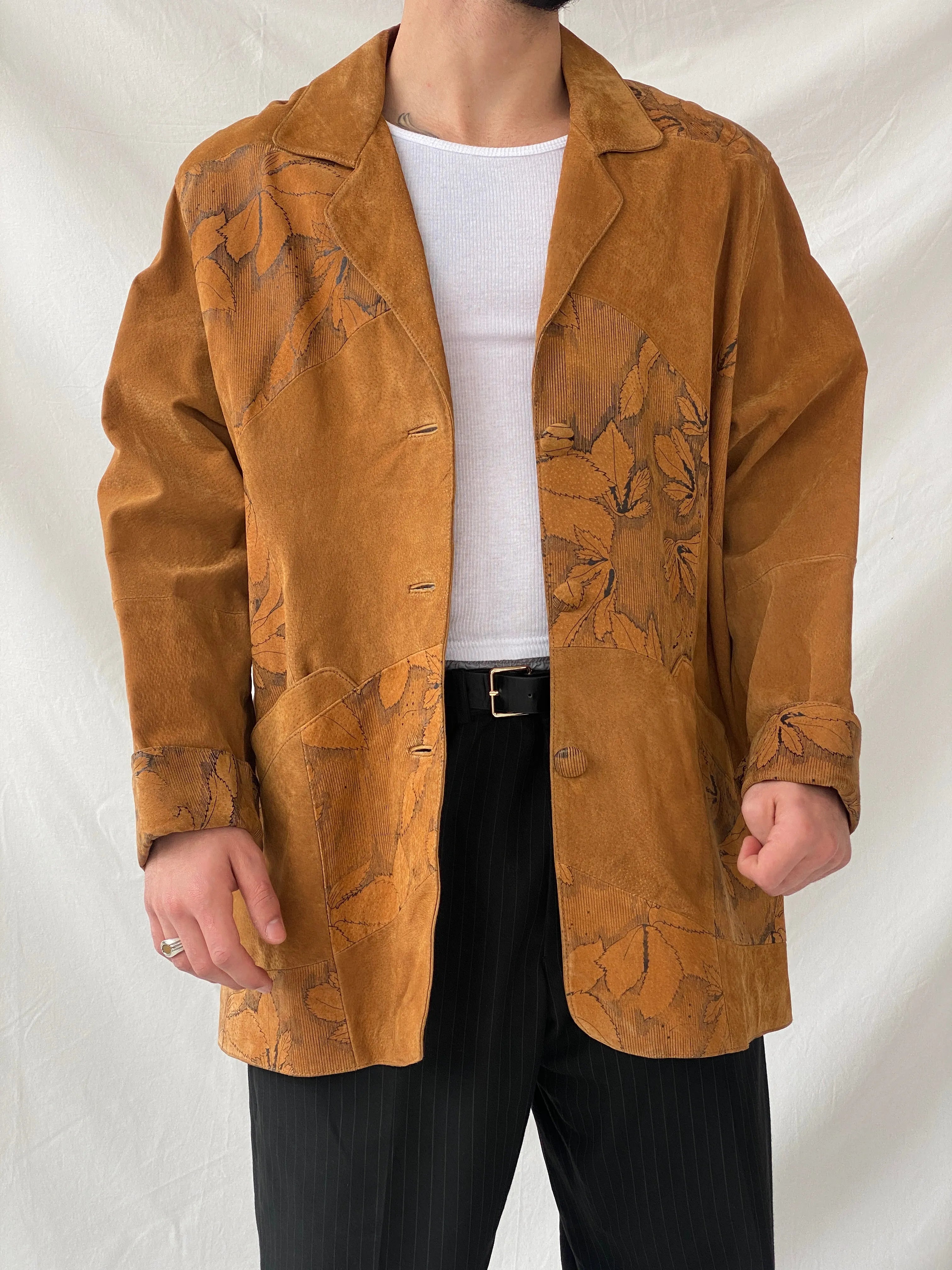 Vintage Men’s Genuine Brown Suede Leather Oversized Floral Blazer - XL - Balagan Vintage Leather Jacket 90s, blazer, brown leather, full sleeve blazer, genuine leather, genuine leather jacket, Hamza, leather blazer, men blazer, winter
