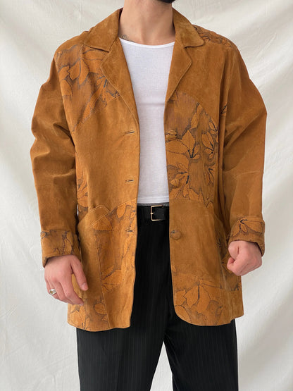 Vintage Men’s Genuine Brown Suede Leather Oversized Floral Blazer - XL - Balagan Vintage Leather Jacket 90s, blazer, brown leather, full sleeve blazer, genuine leather, genuine leather jacket, Hamza, leather blazer, men blazer, winter