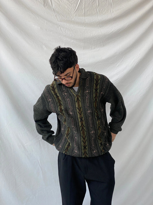 Vintage Men’s Green Knitted Crew Neck Geometric Jumper Sweater - L - Balagan Vintage Sweater 90s, Hamza, knit, knitted, knitted sweater, men, streetwear, vintage, vintage sweater, winter