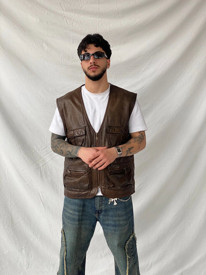 Vintage Men’s Safari Cargo Brown Genuine Leather Zip Up Vest - XL - Balagan Vintage Vest 90s, brown leather, consignment, genuine leather, genuine leather vest, Hamza, men, streetwear, vest, vintage, winter