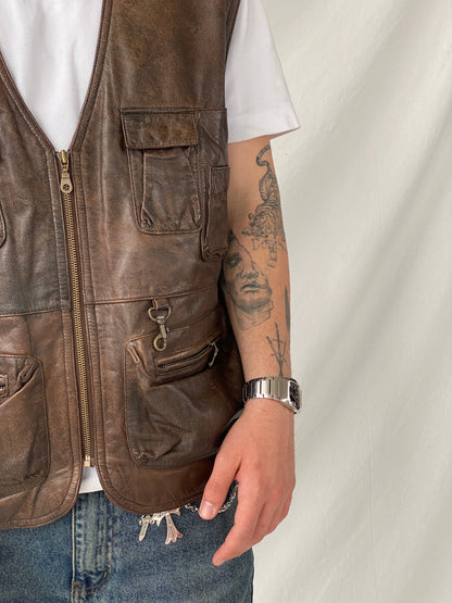 Vintage Men’s Safari Cargo Brown Genuine Leather Zip Up Vest - XL - Balagan Vintage Vest 90s, brown leather, consignment, genuine leather, genuine leather vest, Hamza, men, streetwear, vest, vintage, winter