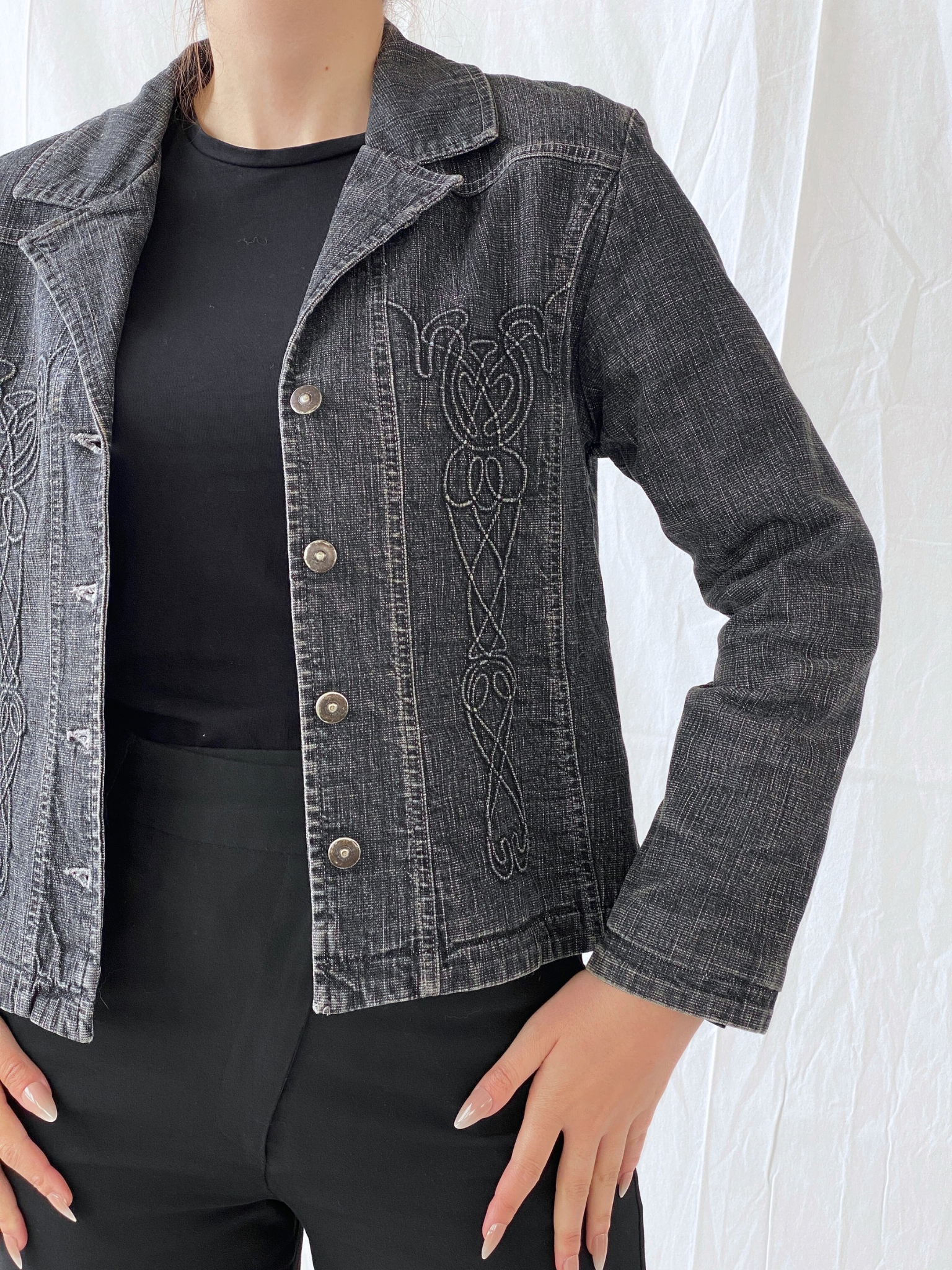 Vintage Minuet Embellished Washed Black Women’s Padded Denim Blazer - L - Balagan Vintage Blazer 00s, Ayah, denim, denim jacket, NEW IN