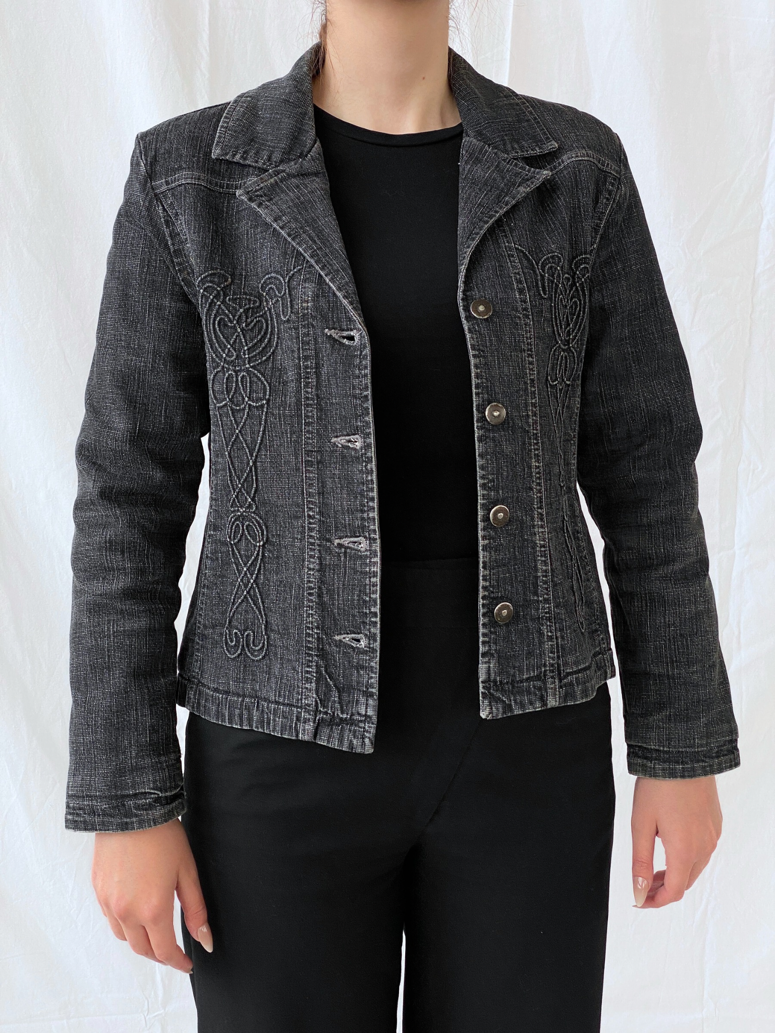 Vintage Minuet Embellished Washed Black Women’s Padded Denim Blazer - L - Balagan Vintage Blazer 00s, Ayah, denim, denim jacket, NEW IN