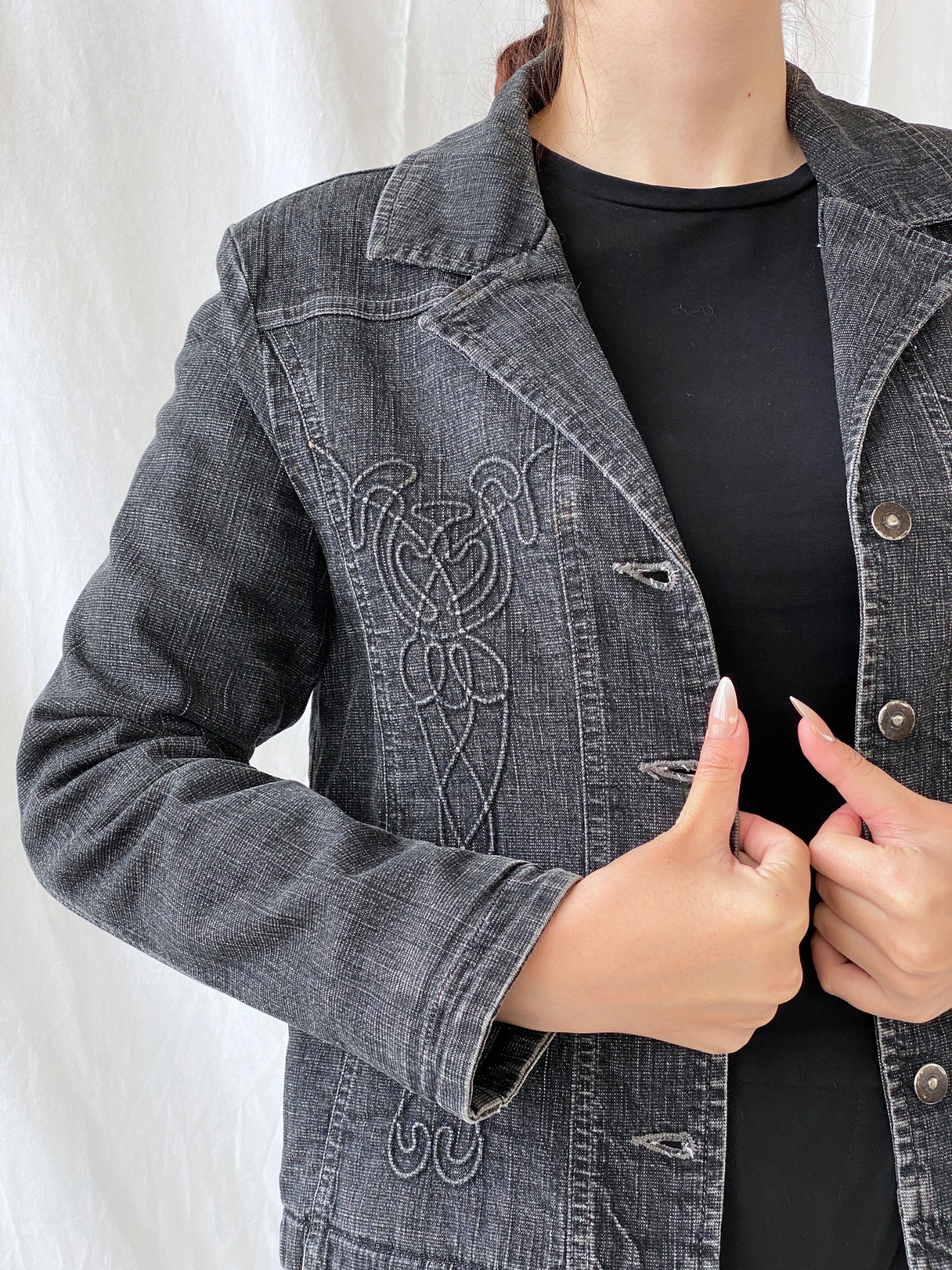 Vintage Minuet Embellished Washed Black Women’s Padded Denim Blazer - L - Balagan Vintage Blazer 00s, Ayah, denim, denim jacket, NEW IN