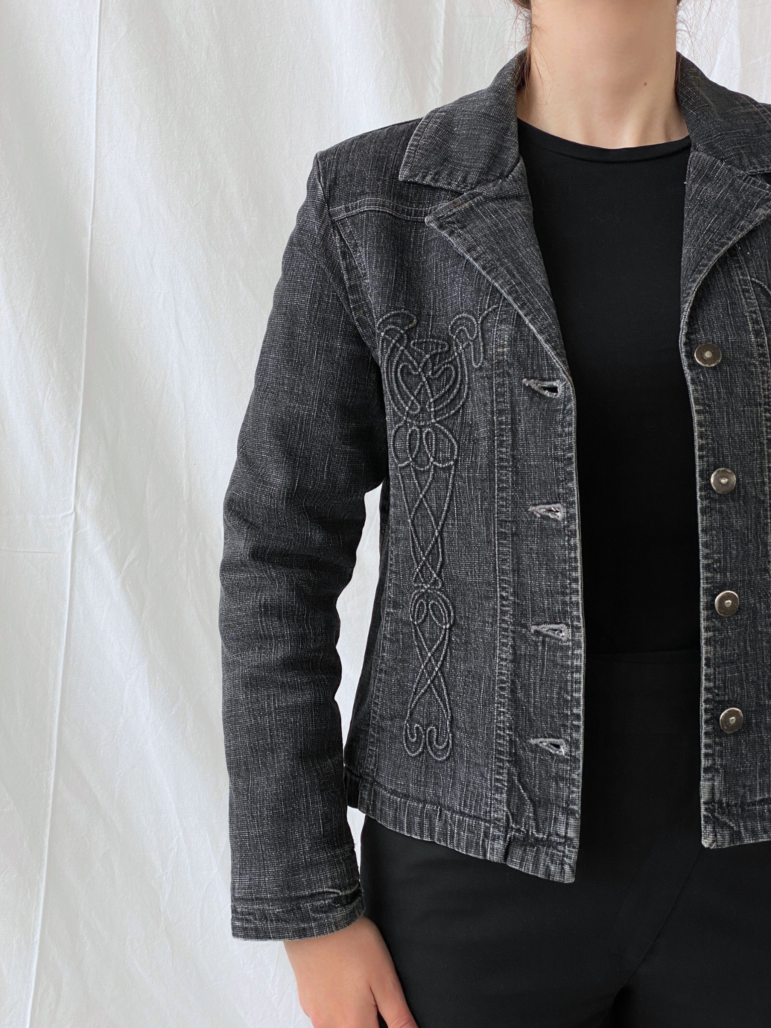 Vintage Minuet Embellished Washed Black Women’s Padded Denim Blazer - L - Balagan Vintage Blazer 00s, Ayah, denim, denim jacket, NEW IN