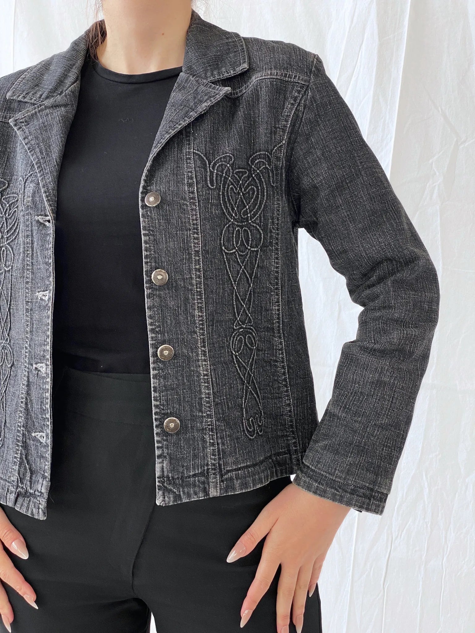 Vintage Minuet Embellished Washed Black Women’s Padded Denim Blazer - L - Balagan Vintage Blazer 00s, Ayah, Coats&Jackets, denim, denim jacket, Women's Blazers, Women's Denim Jackets