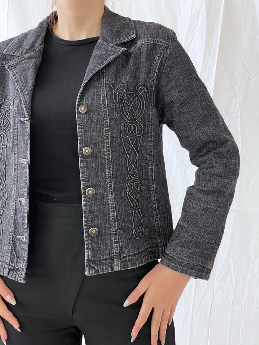 Vintage Minuet Embellished Washed Black Women’s Padded Denim Blazer - L - Balagan Vintage Blazer 00s, Ayah, Coats&Jackets, denim, denim jacket, Women's Blazers, Women's Denim Jackets