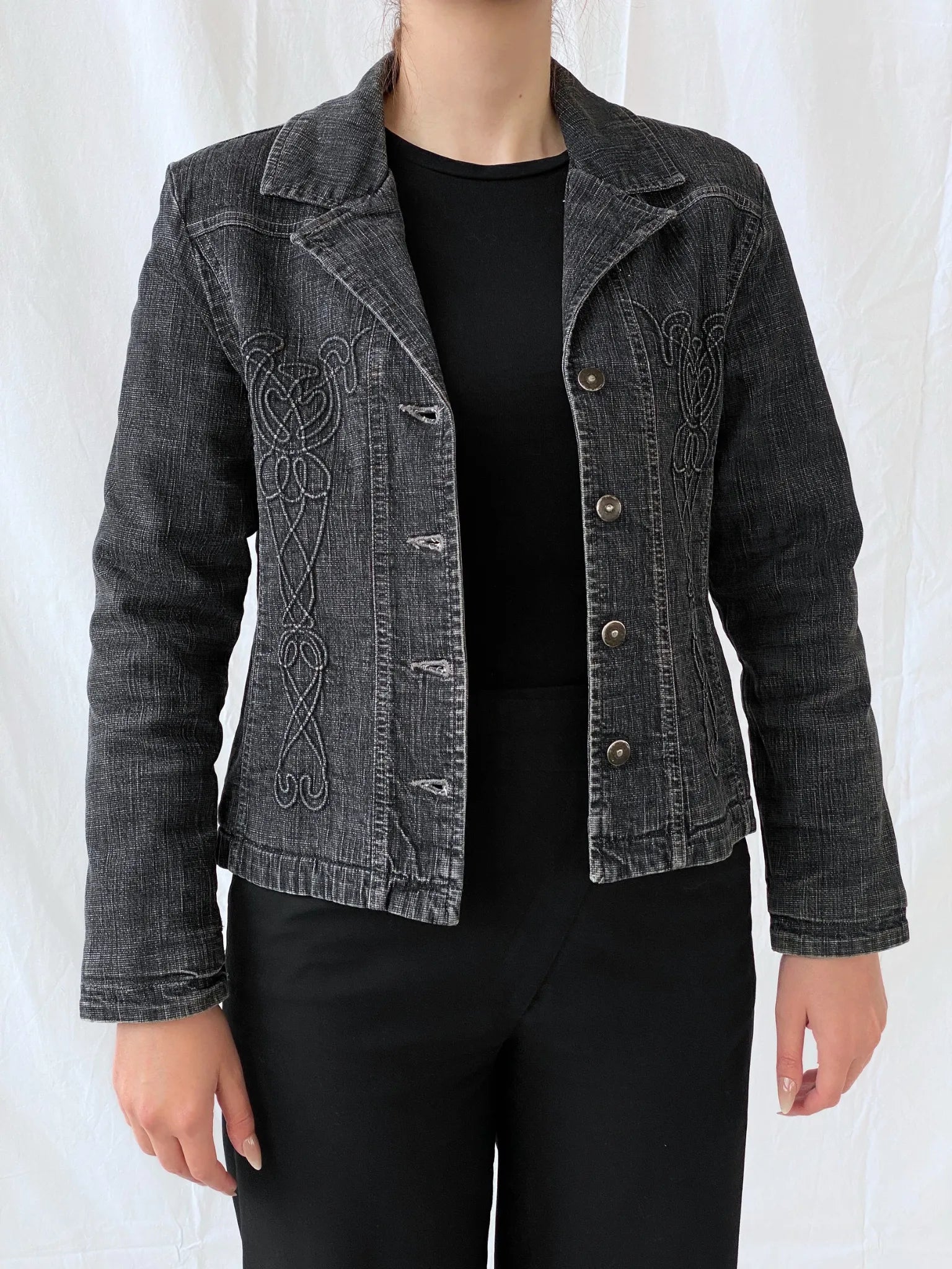 Vintage Minuet Embellished Washed Black Women’s Padded Denim Blazer - L - Balagan Vintage Blazer 00s, Ayah, Coats&Jackets, denim, denim jacket, Women's Blazers, Women's Denim Jackets