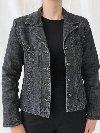 Vintage Minuet Embellished Washed Black Women’s Padded Denim Blazer - L - Balagan Vintage Blazer 00s, Ayah, Coats&Jackets, denim, denim jacket, Women's Blazers, Women's Denim Jackets