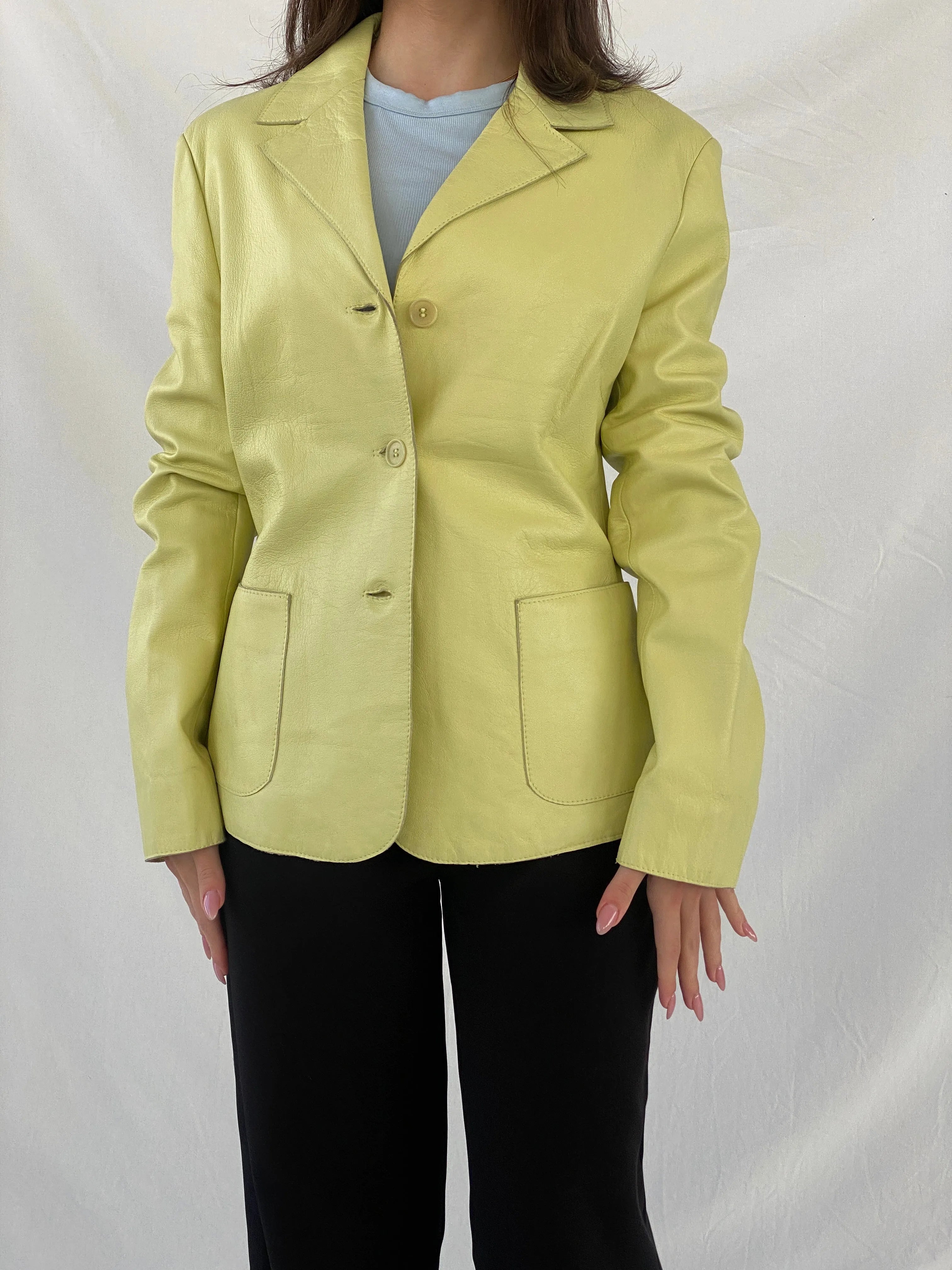 Vintage Mirella Mori Italy Yellow Genuine Leather Blazer -L - Balagan Vintage Coat 90s, brown leather, Christine, genuine leather coat, leather coat, winter