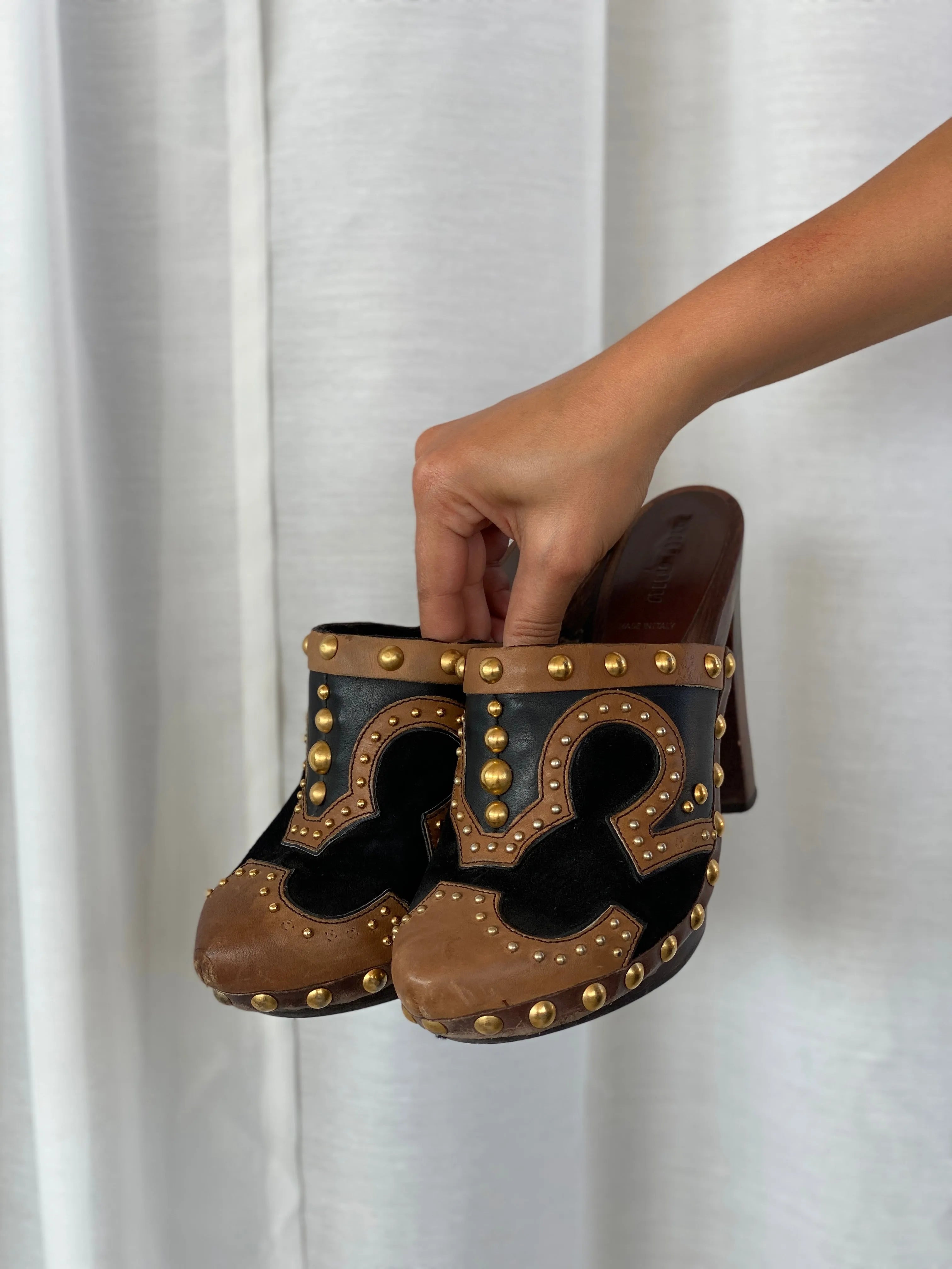 Vintage MIU MIU Gold Studded Brown Suede Leather Wood High Heel Clog Mules - 38EUR - Balagan Vintage Mules 00s, 90s, consignment, Deals, mules, Sadouf, winter