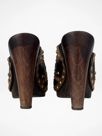 Vintage MIU MIU Gold Studded Brown Suede Leather Wood High Heel Clog Mules - 38EUR - Balagan Vintage Mules 00s, 90s, consignment, Deals, mules, Sadouf, winter