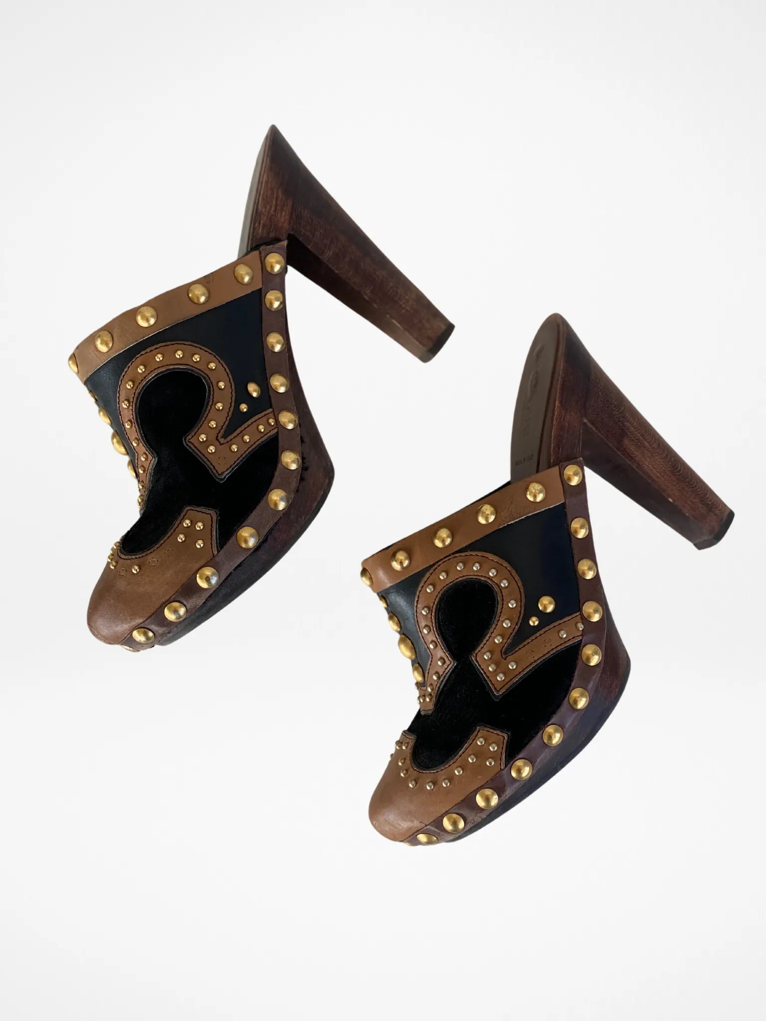 Vintage MIU MIU Gold Studded Brown Suede Leather Wood High Heel Clog Mules - 38EUR - Balagan Vintage Mules 00s, 90s, consignment, Deals, mules, Sadouf, winter