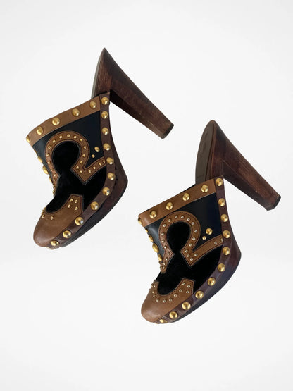 Vintage MIU MIU Gold Studded Brown Suede Leather Wood High Heel Clog Mules - 38EUR - Balagan Vintage Mules 00s, 90s, consignment, Deals, mules, Sadouf, winter