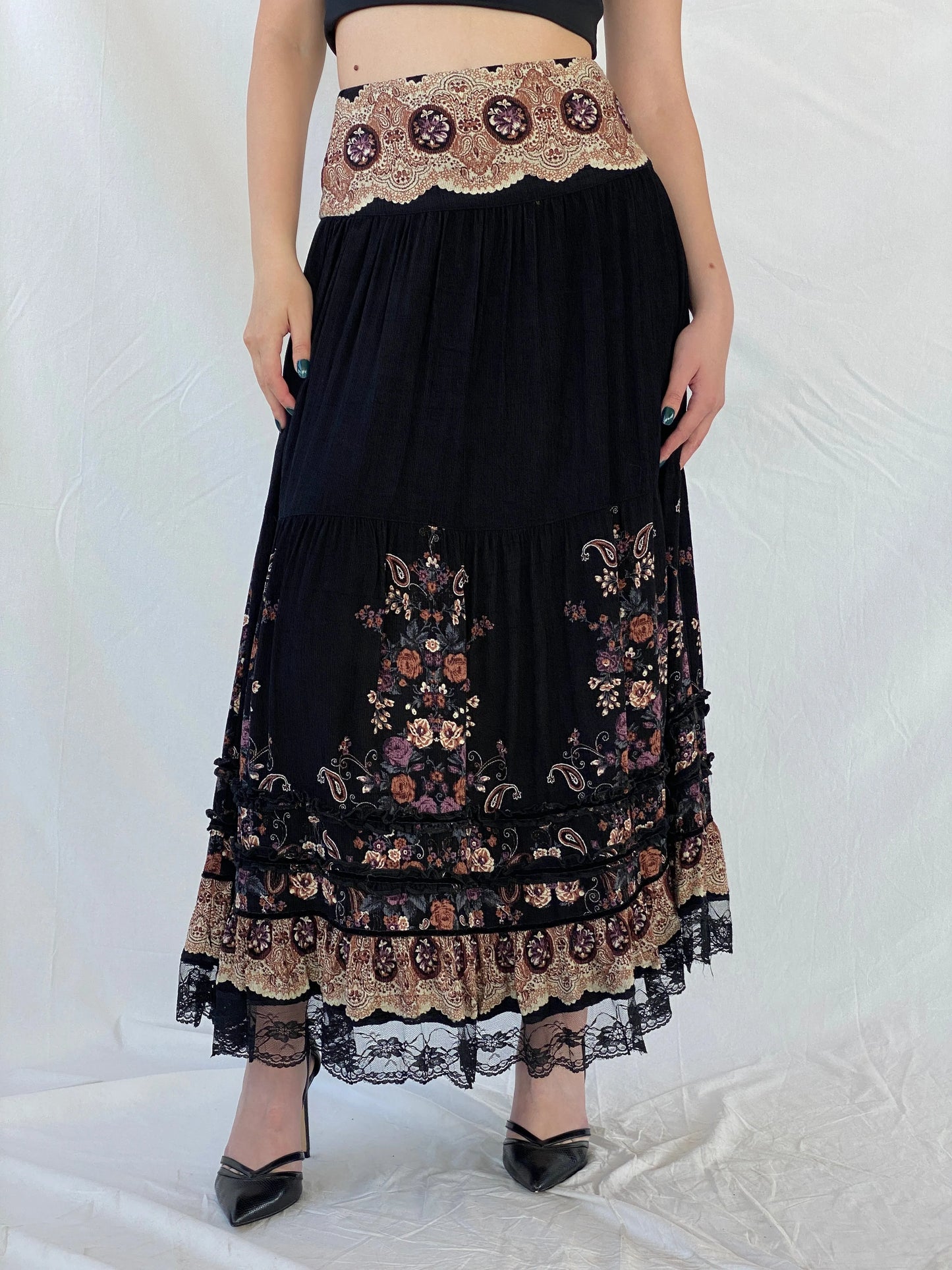 Vintage MOJJIL Black Boho Print Gypsy Maxi Skirt - M - Balagan Vintage Maxi Skirt 00s, Ayah, Boho, maxi skirt, winter