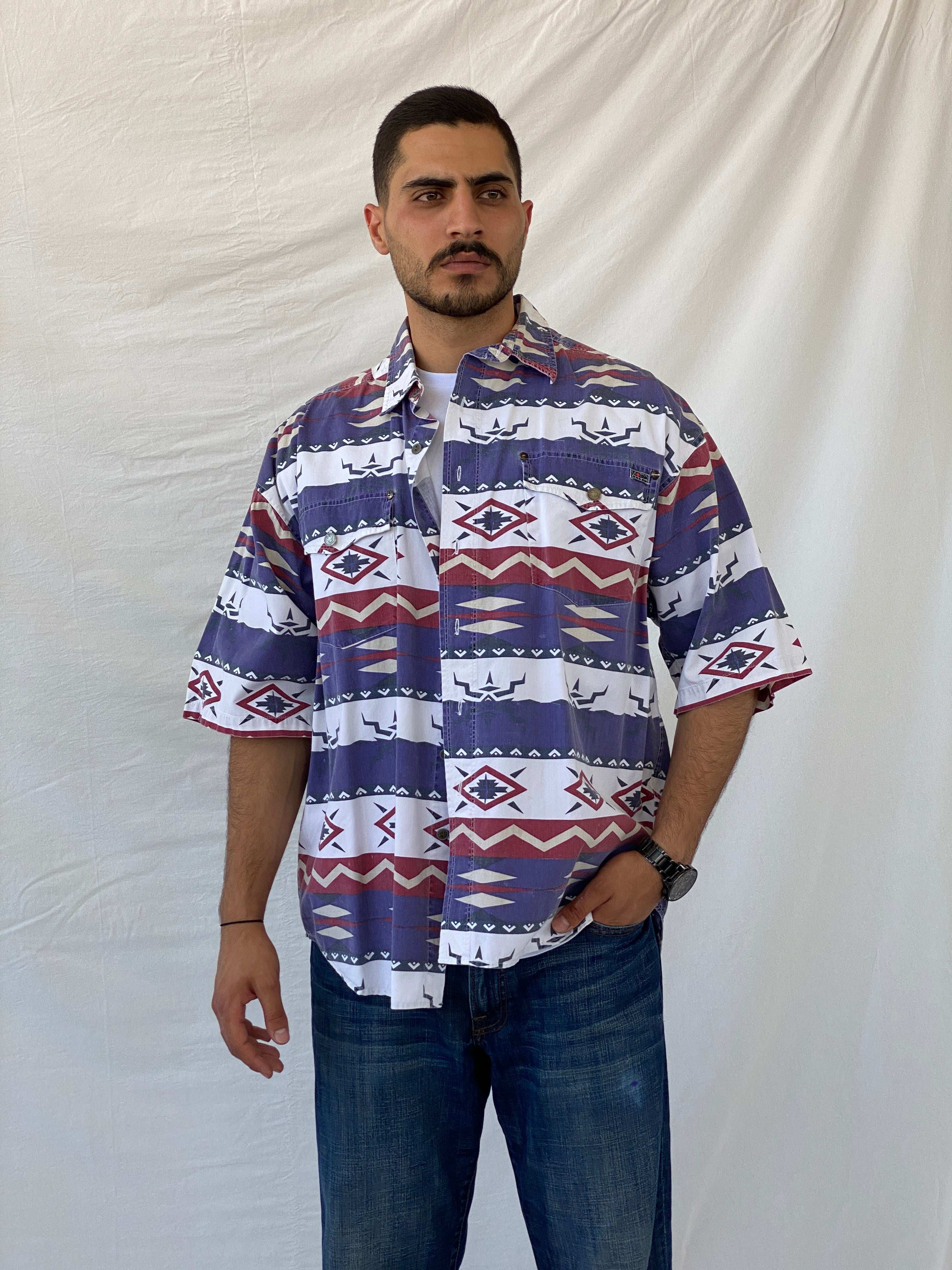 Vintage Mollo Reddot Western Print Men’s Button Up Shirt - XL - Balagan Vintage Half Sleeve Shirt 90s, half sleeve shirt, mens shirt, printed shirt, Ramez