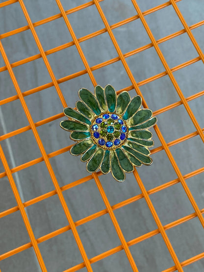 Vintage Monet Green Floral Enamel And Rhinestone Pin Brooch - Balagan Vintage Brooch 00s, Brooch