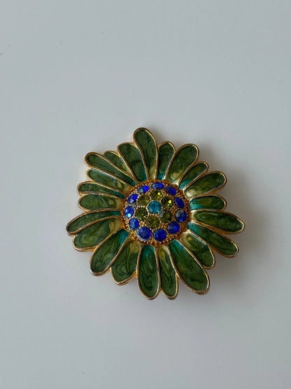 Vintage Monet Green Floral Enamel And Rhinestone Pin Brooch - Balagan Vintage Brooch 00s, Brooch