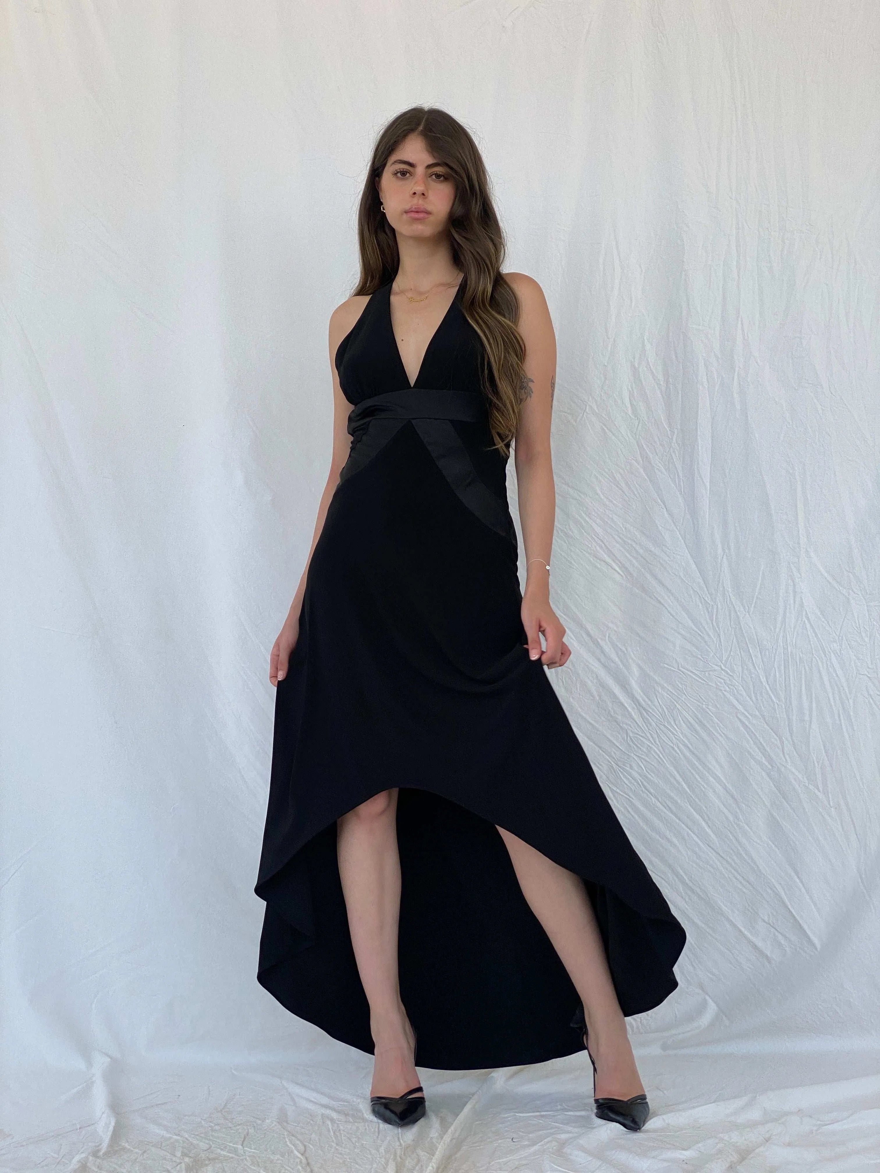 Vintage Morgan & Co Black Backless Evening Dress with Asymmetric Hem GC - M - Balagan Vintage Maxi Dress 00s, 90s, maxi dress, Mira, Wedding Guest