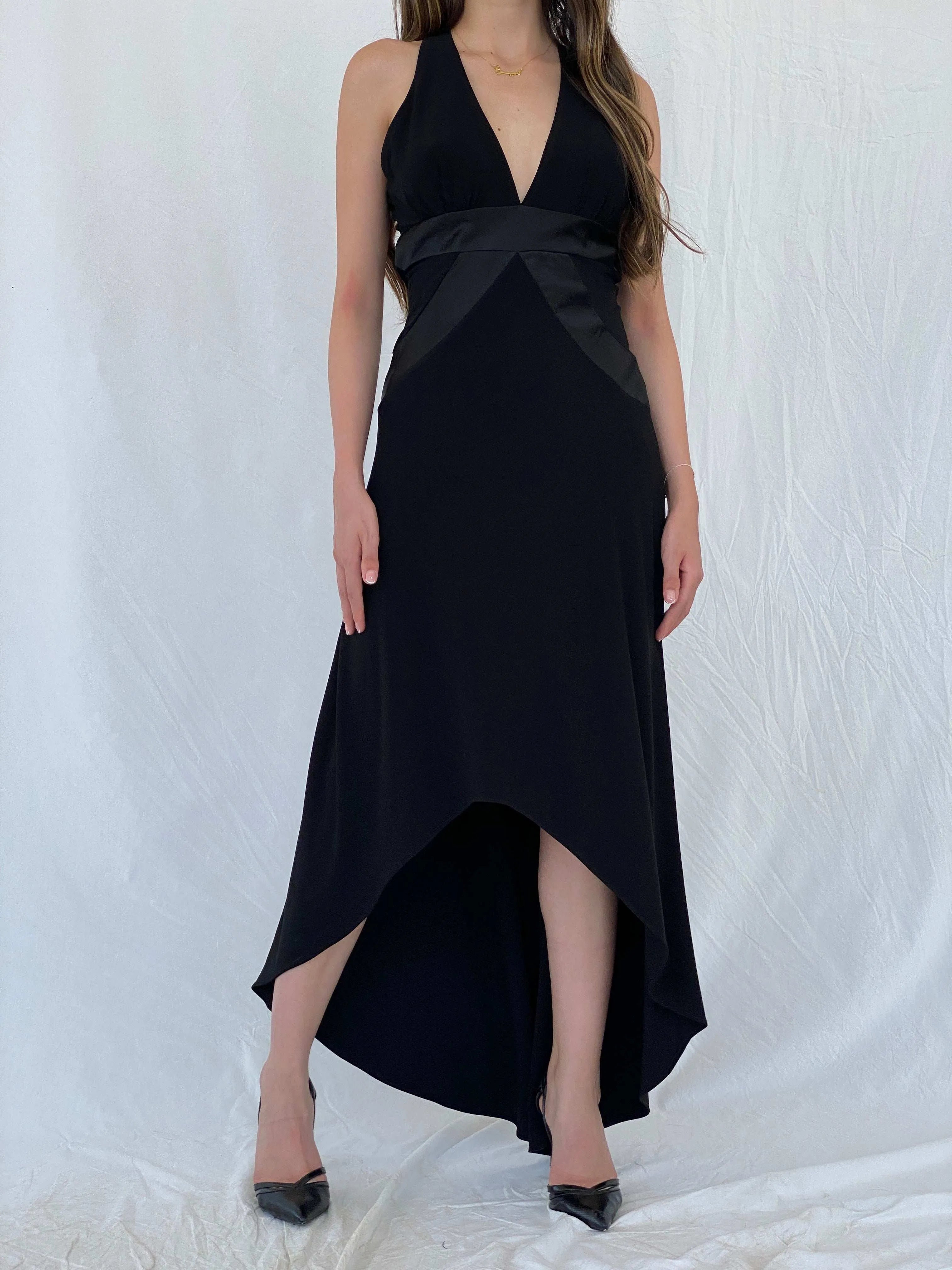 Vintage Morgan & Co Black Backless Evening Dress with Asymmetric Hem GC - M - Balagan Vintage Maxi Dress 00s, 90s, maxi dress, Mira, Wedding Guest