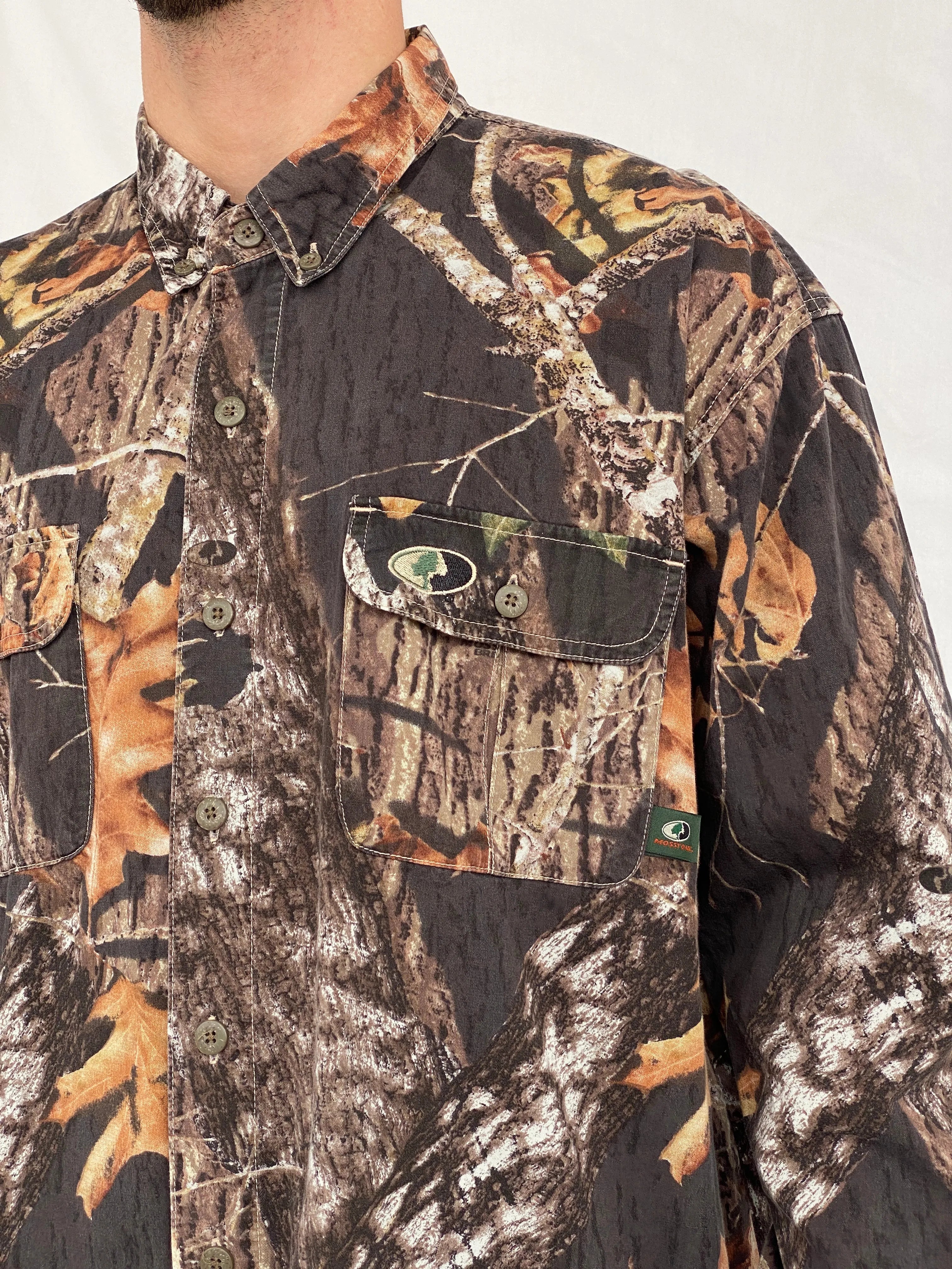 Vintage Mossy Oak Camo Break-Up Woodland Camouflage Button Down Long Sleeve Hunting Shirt - XL - Balagan Vintage Full sleeve Shirt 90s, full sleeve shirt, Hamza, mens shirt, printed shirt, winter