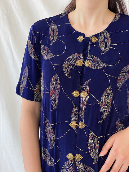 Vintage Navy Blue Gold Leaf Print Cardigan Blouse with Ornate Bronze Clasp Closures - L - Balagan Vintage Half Sleeve Shirt 00s, Ayah, cardigan, Coquette, Cottage core, half sleeve shirt, NEW IN, shirt, women shirt