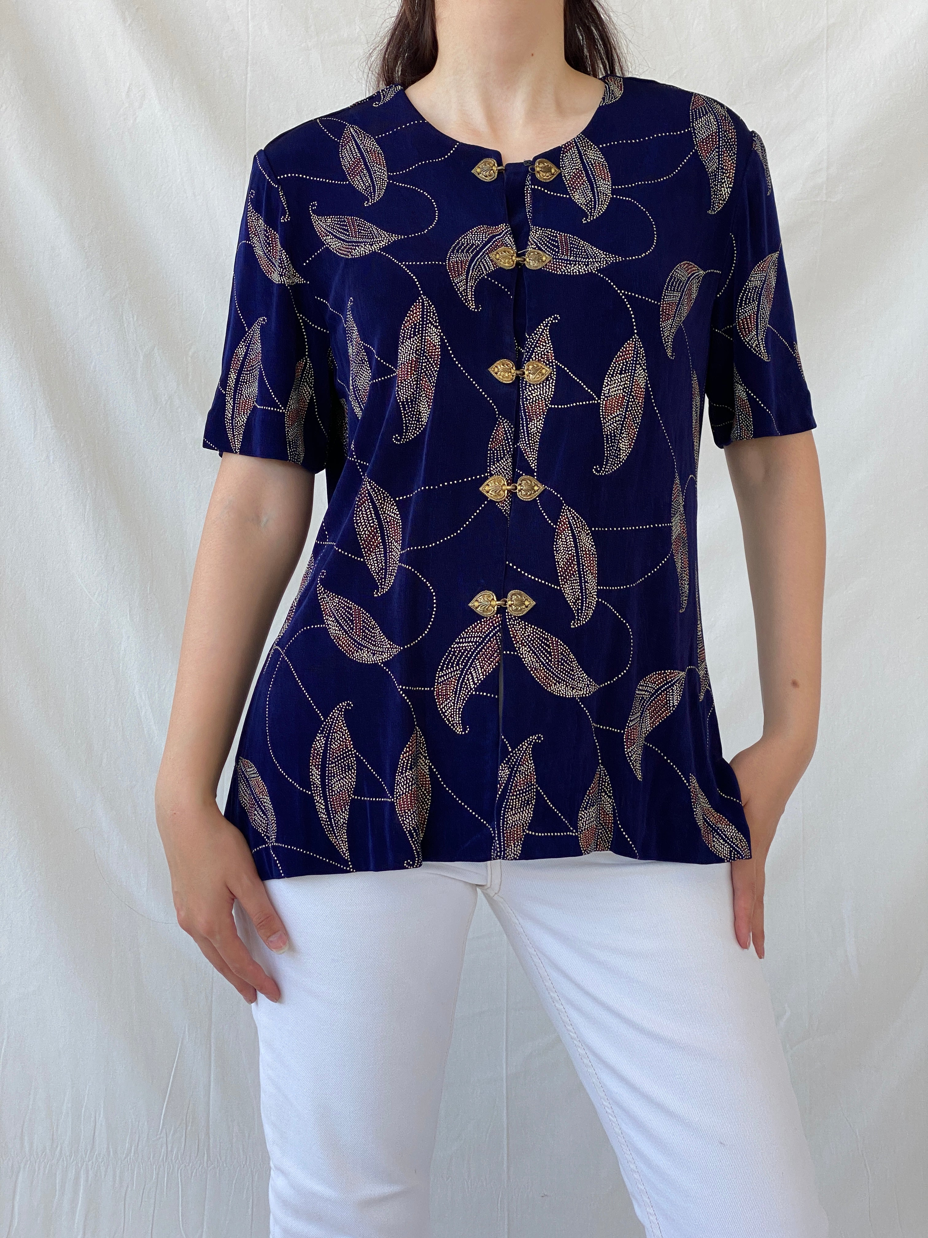 Vintage Navy Blue Gold Leaf Print Cardigan Blouse with Ornate Bronze Clasp Closures - L - Balagan Vintage Half Sleeve Shirt 00s, Ayah, cardigan, Coquette, Cottage core, half sleeve shirt, NEW IN, shirt, women shirt