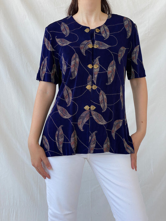 Vintage Navy Blue Gold Leaf Print Cardigan Blouse with Ornate Bronze Clasp Closures - L - Balagan Vintage Half Sleeve Shirt 00s, Ayah, cardigan, Coquette, Cottage core, half sleeve shirt, NEW IN, shirt, women shirt